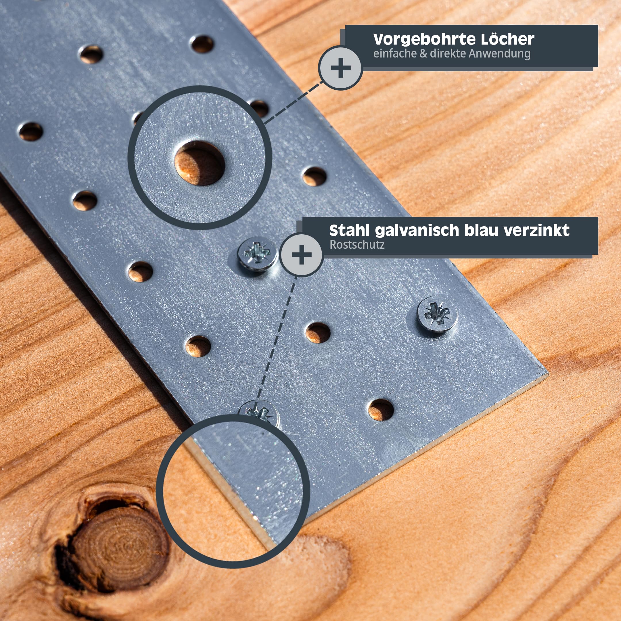 HELPMATE – 6 Stück Lochplatten 100x200 mm – Flachverbinder galvanisch verzinkt & blau passiviert – Holzverbinder mit Korrosionsschutz, stabil & langlebig – einfache Montage (Packung mit 4)