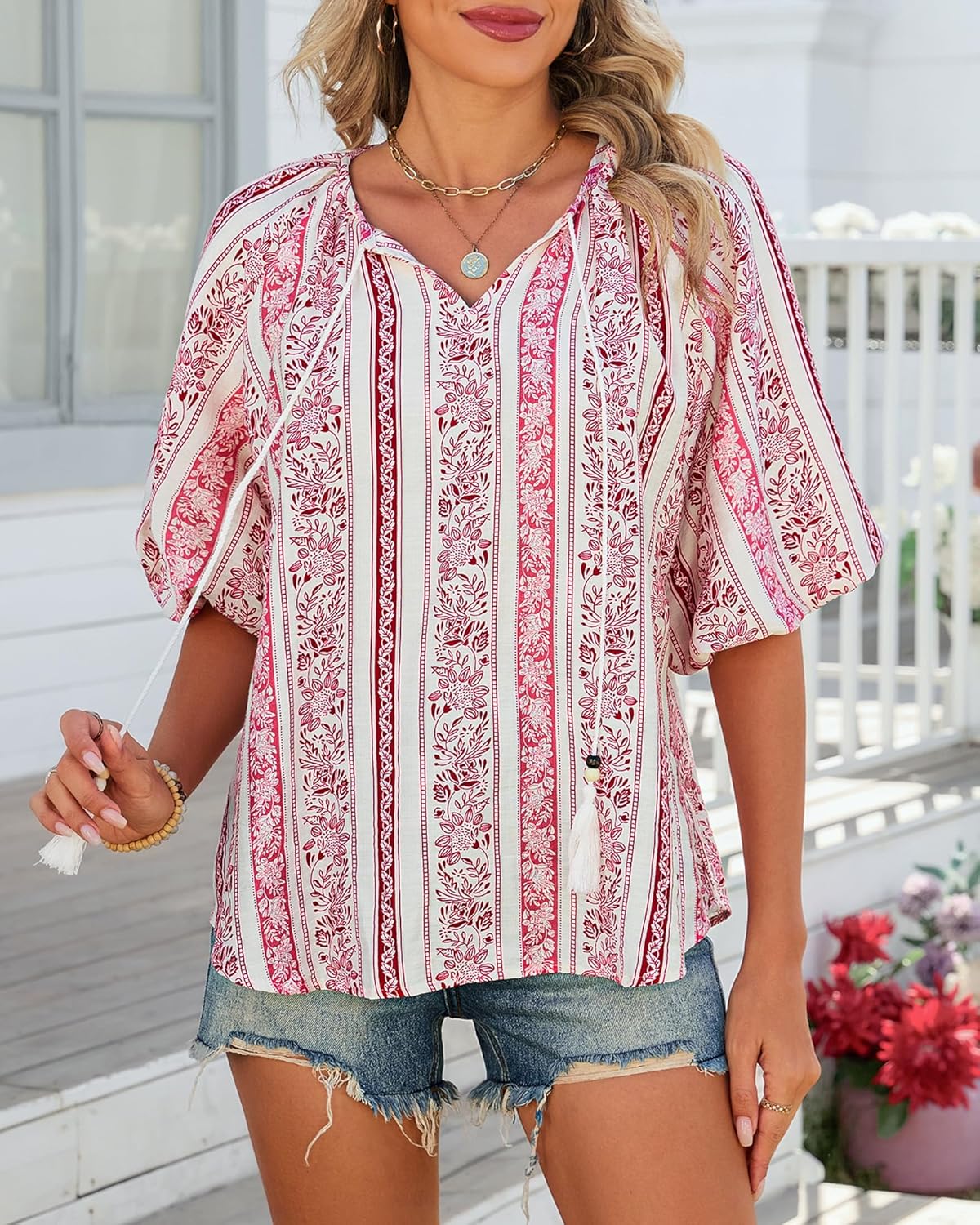 Summer Boho Tops for Women Casual V Neck Women Blouses Tunic Floral Print Beach Vacation Shirts - Image 2