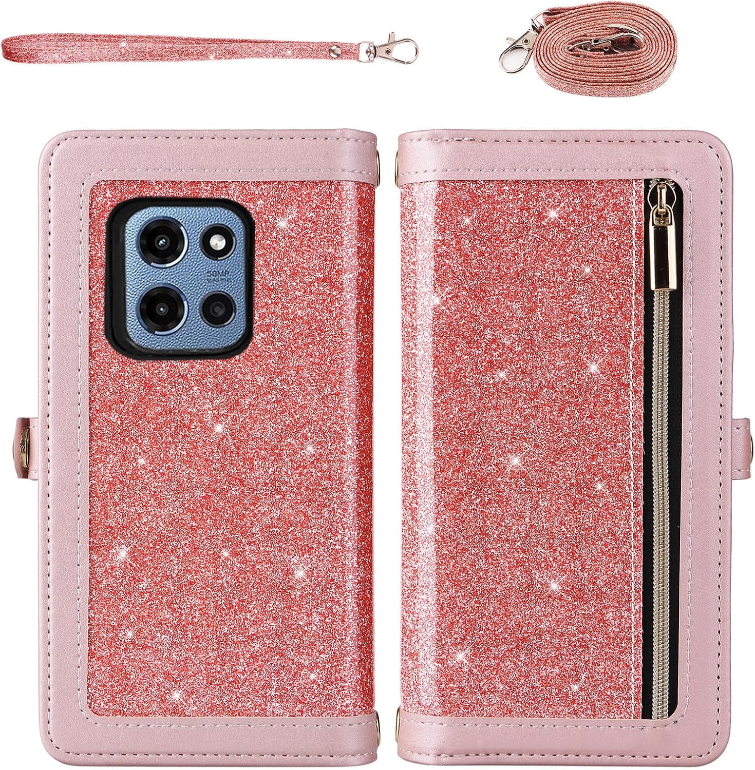 Asuwish Phone Case for Motorola Moto G 5G 2025 Zipper Wallet Detachable Cell Cover with Screen Protector Crossbody Lanyard Strap Bling Glitter Flip Card Holder Slot G5G 5 G G5 Women Men Girls Pink