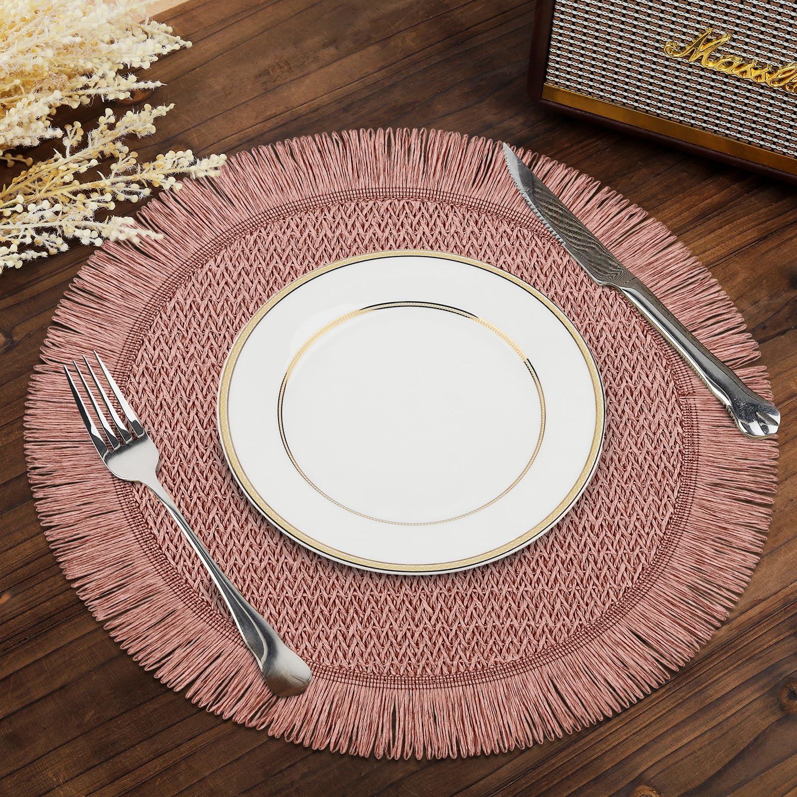 fanquare Set de Table Bohème Ronde Tressé,6 Pièces Sets de Table en Jute et Polyester 38cm Marron café,Dessous de Plat Bicolore Résistant à la Chaleur pour Cuisine Table à Manger Fête