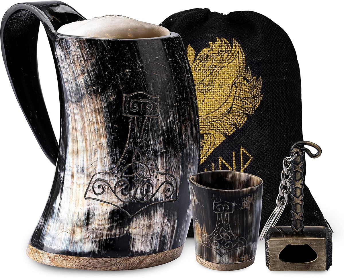 FENRIR Viking Drinking Horn Mug Set 16 oz – Gifts for Men, Dad, Husband – Unique Viking Gift – Handmade Real Ox Horn Cup with Shot Glass & Opener – For Beer, Ale, Mead (Thor Natural Organic Finish)