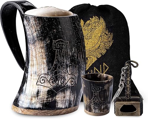Miniatura 8 de FENRIR Taza de cuerno de buey vikingo prémium para cerveza y aguamiel, cerveza y bebida fría, con acabado brillante, con vidrio corto y abridor de