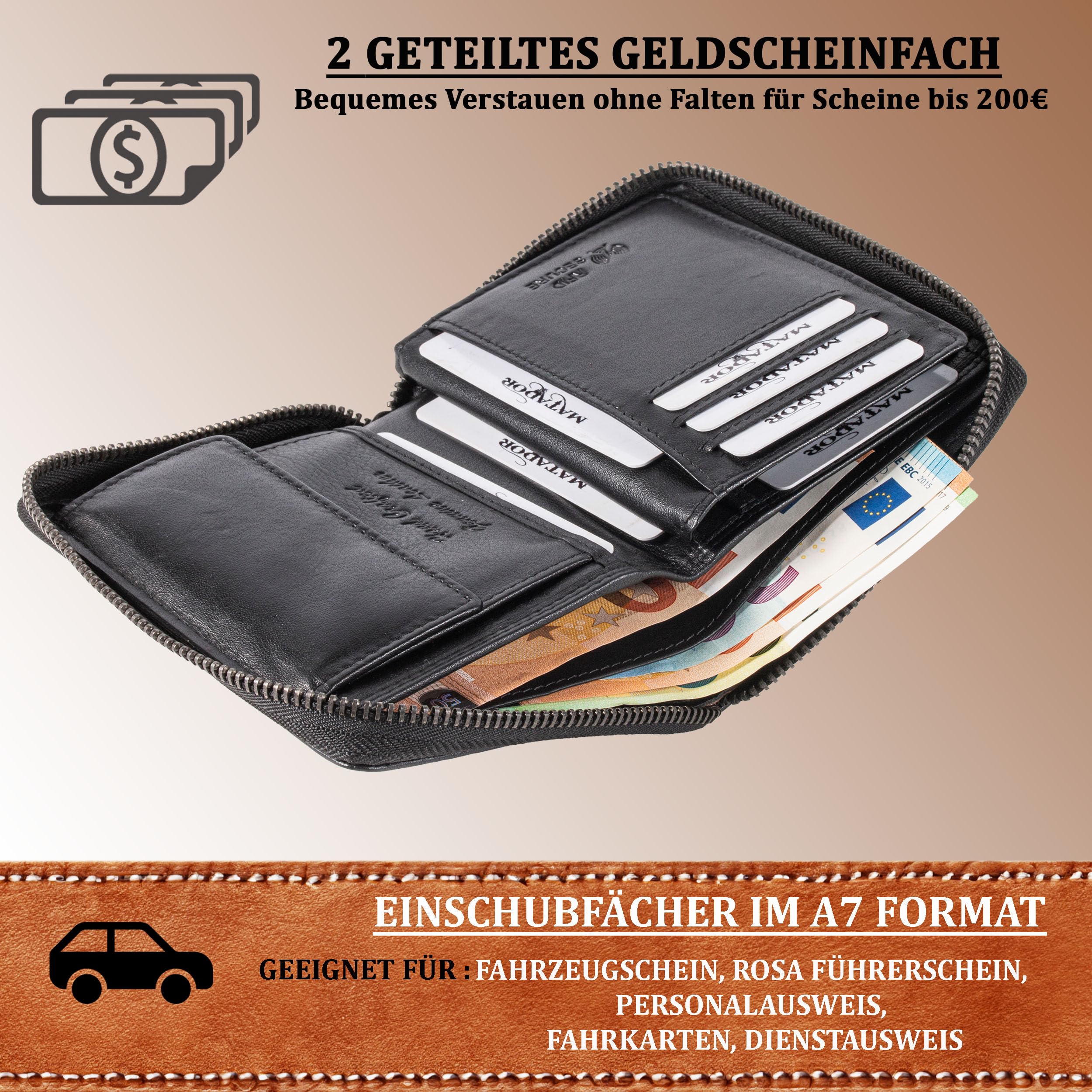 Matador Portafoglio Uomo Nero Pelle #CORDOVA | Nobile Scatola Regalo, Lusso, Protezione RFID, Con Cerniera, Molti Scomparti per Carte, in Nappa