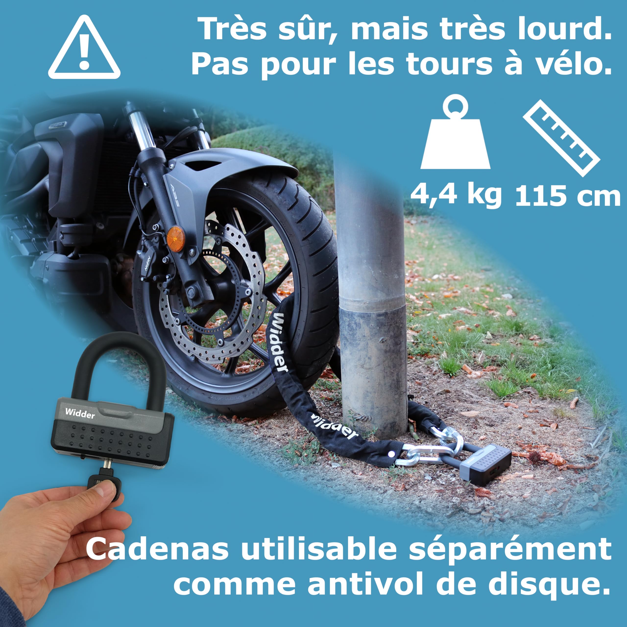 Widder Antivol à chaîne [Acier-Titane Niveau 15] avec 4 clés, 115cm de long