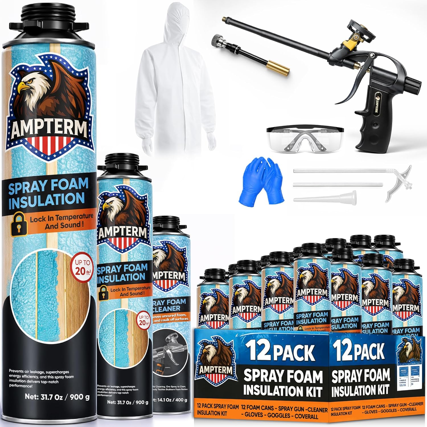 12 Pack Spray Foam Insulation Kit for Walls - Closed Cell High Density Expanding Foam, Up to 240 Board Feet Coverage for Garage Door and Attic, Heat Acoustic Foam with Gun, Cleaner
