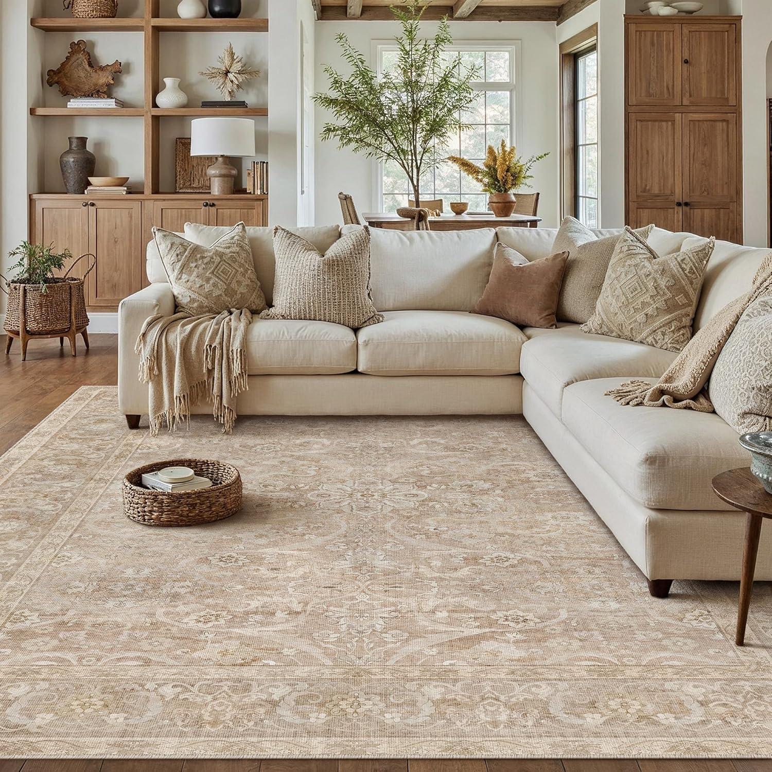 Brown 8x10 Area Rug Washable Living Room Vintage Carpet Bedroom Large Indoor Non Slip Soft Low Pile Thin Stain Resistant Distressed Accent Throw Rug for Dining Office Nursery