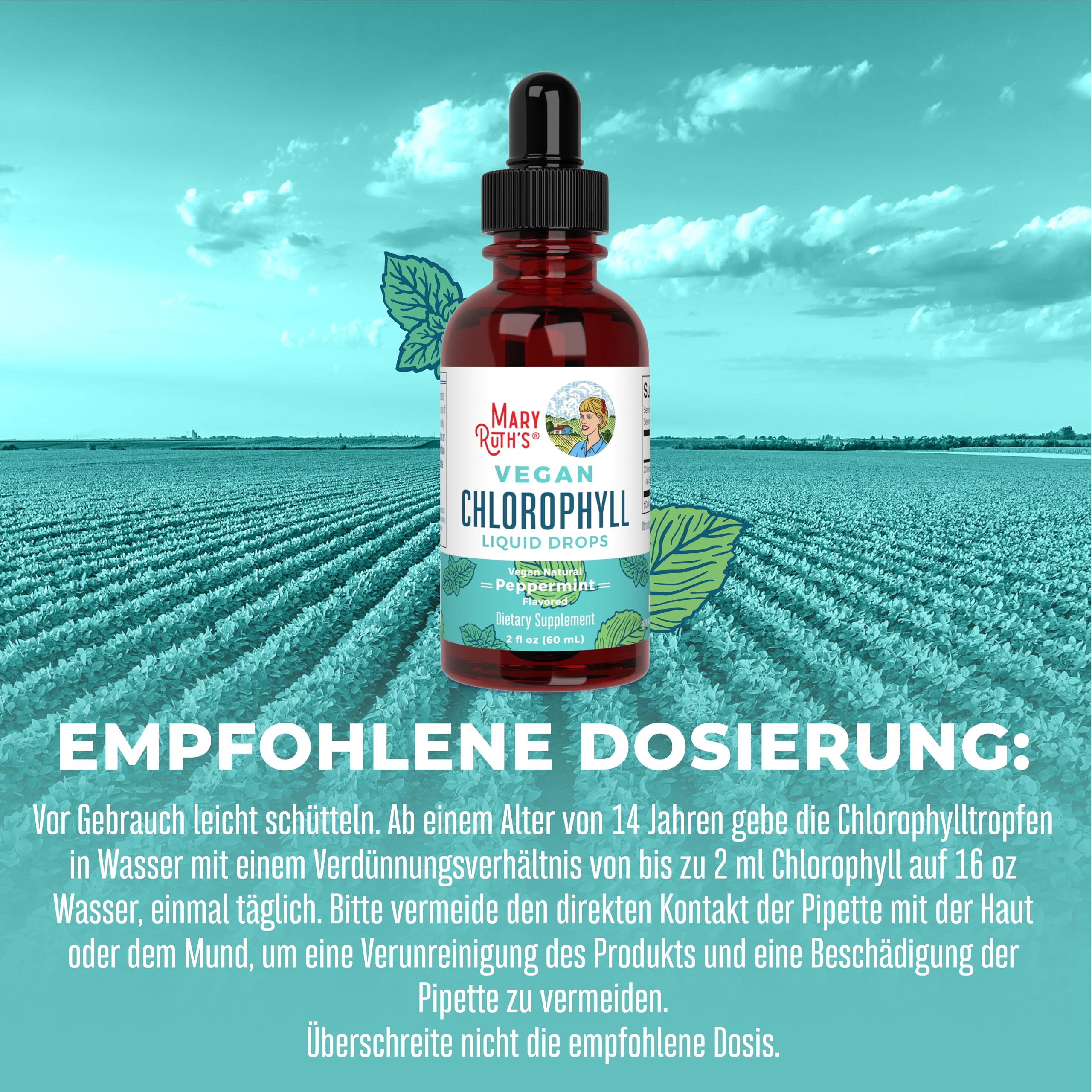 MaryRuth's, Chlorophyll Drops, 60ml, 50mg Chlorophyll je Dosis, Pfefferminzgeschmack, Vegan, Glutenfrei, Sojafrei, GMO frei