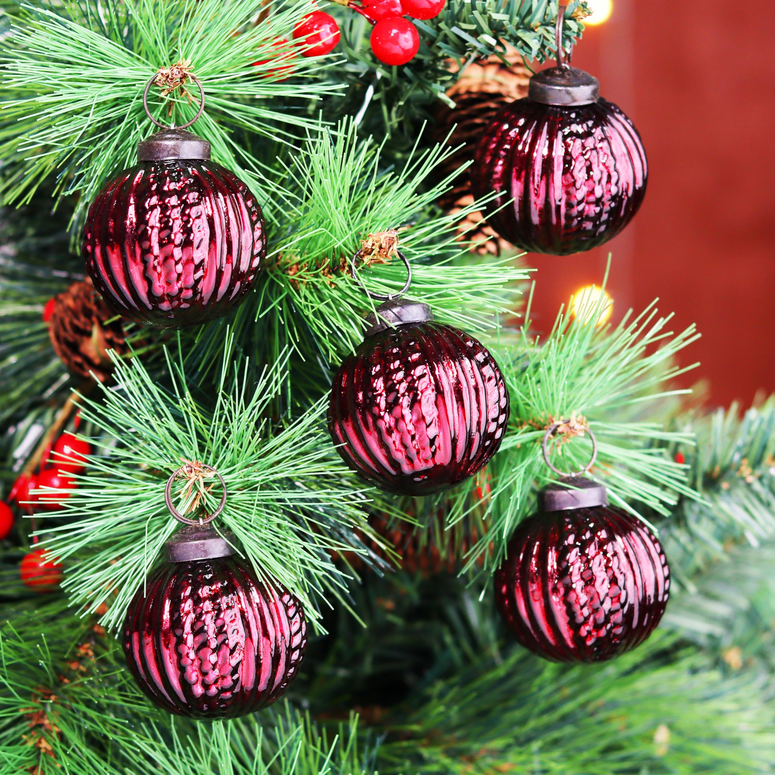 IndianShelf 12 große Vintage-Weihnachtsschmuck, Weinrot, einzigartige Quecksilber-Glas-Weihnachtskugeln für Weihnachtsbaum, Halloween, Neujahr, Valentinstag, Feiertage, Event und Hochzeit