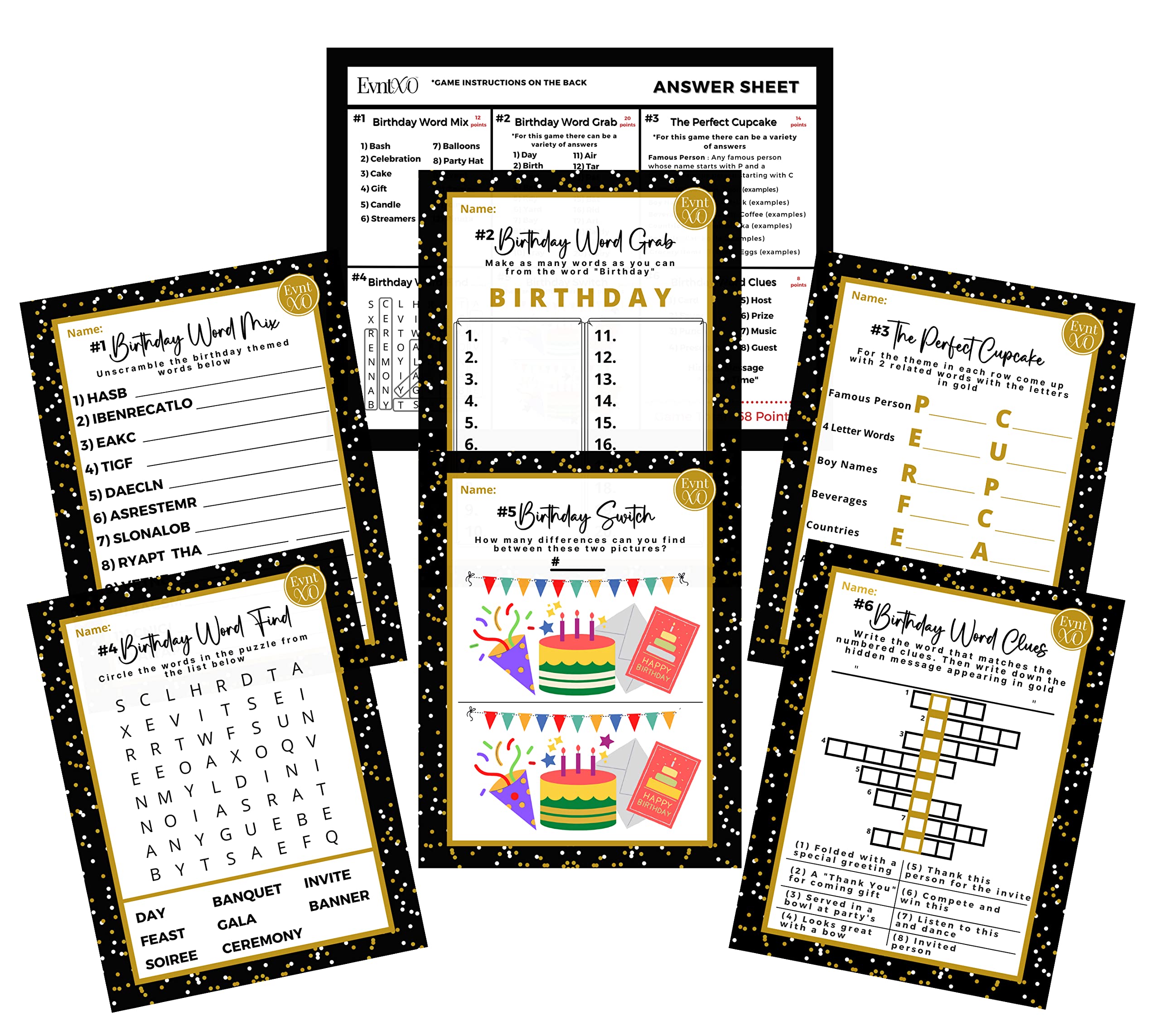 Amazon.com: EvntXO Black Gold Birthday Party Game Card Set for 25 People  With Answer Sheet | Decorations Supplies Favors Invitations Themes for  30th, 40th, 50th, 60th, 70th, 80th, 90th : Toys & Games