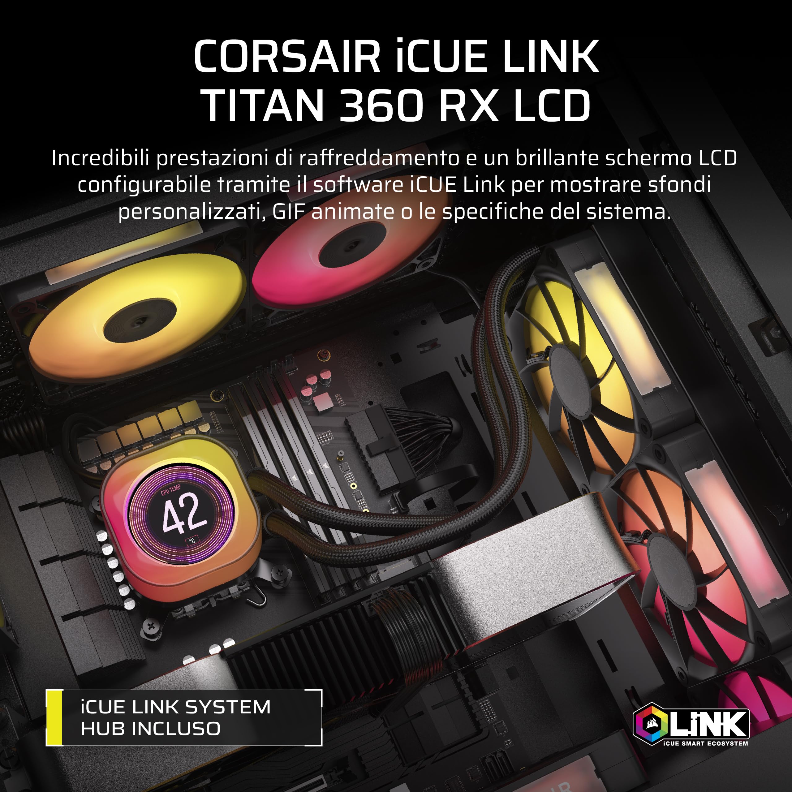 CORSAIR iCUE LINK TITAN 360 RX LCD Raffreddatore CPU a Liquido – Motore di Raffreddamento FlowDrive – Intel LGA 1851/1700, AMD AM5/AM4 – 3x RX120 Ventole RGB – iCUE LINK System Hub Incluso – Nero