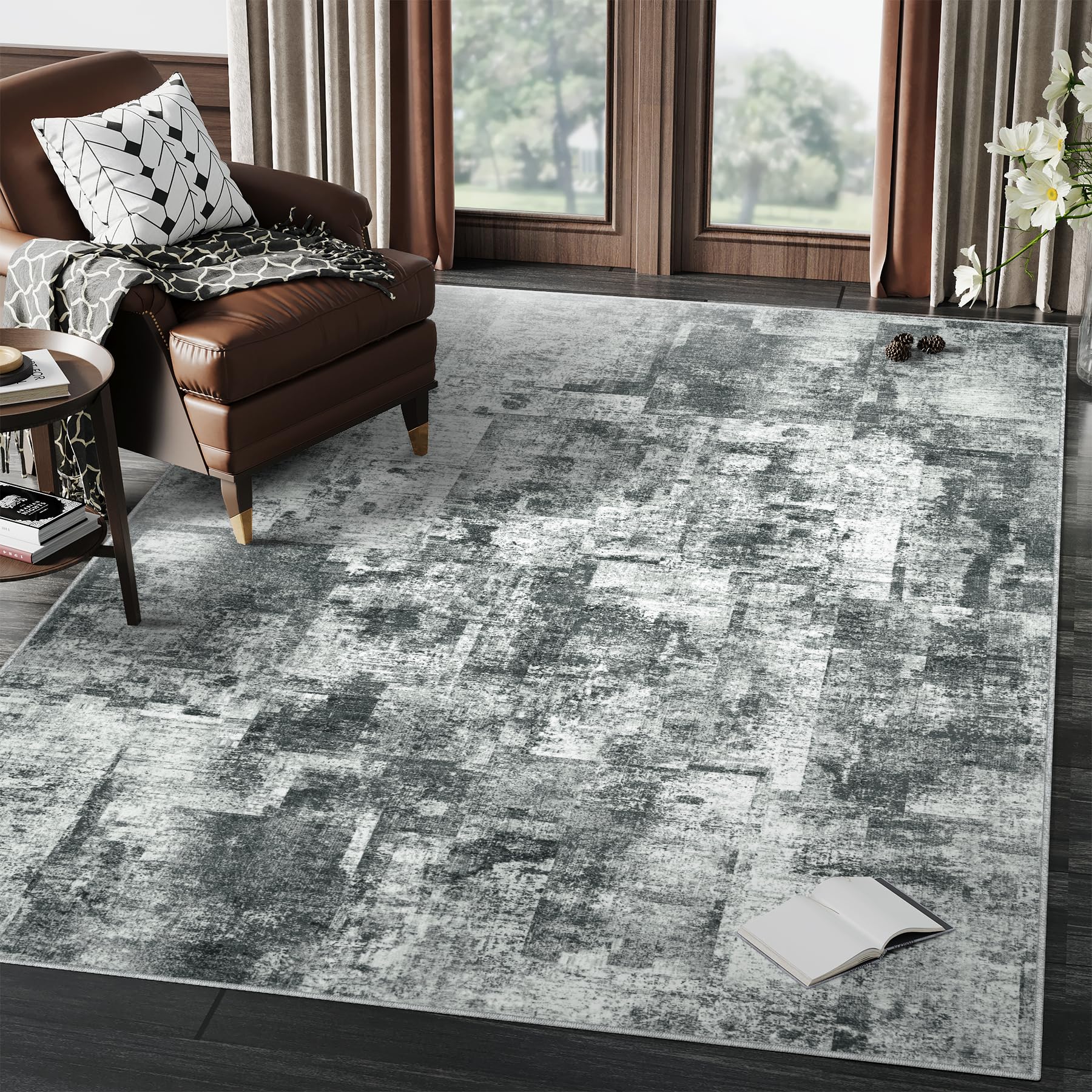 Area Rugs Washable Living Room Rug: Abstract Ruggables Large Carpet Modern for Bedroom Kitchen Dining Room Nursery Neutral Tumble Rugs Soft Thin Low Pile 8 by 10 Non Slip Indoor - Black/Grey