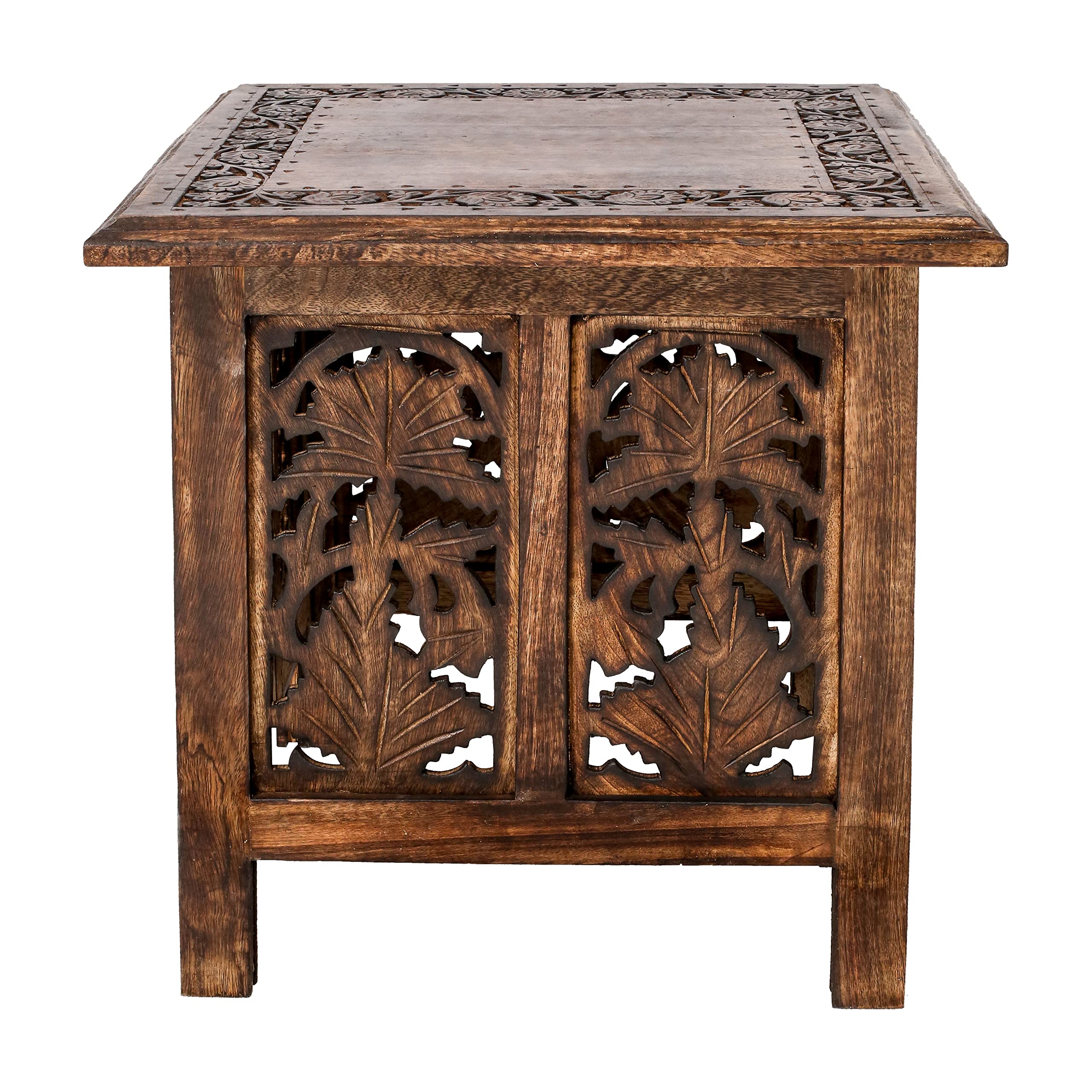 Photo 1 of Vintage Rustic Farmhouse Country Style Solid Wood Hand Carved Accent Side Entryway Table for Small Spaces, Wooden End Table, Bedside Table, Square Wooden Table- 18x18 Inch- Burnt