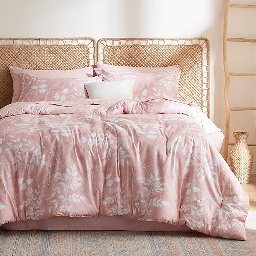 Bedsure Twin Comforter Set - 5 Pieces Floral Pink Soft Bedding Sets, Twin Bed in a Bag with Botanical Flowers Comforter, Sheets, Pillowcase & Sham