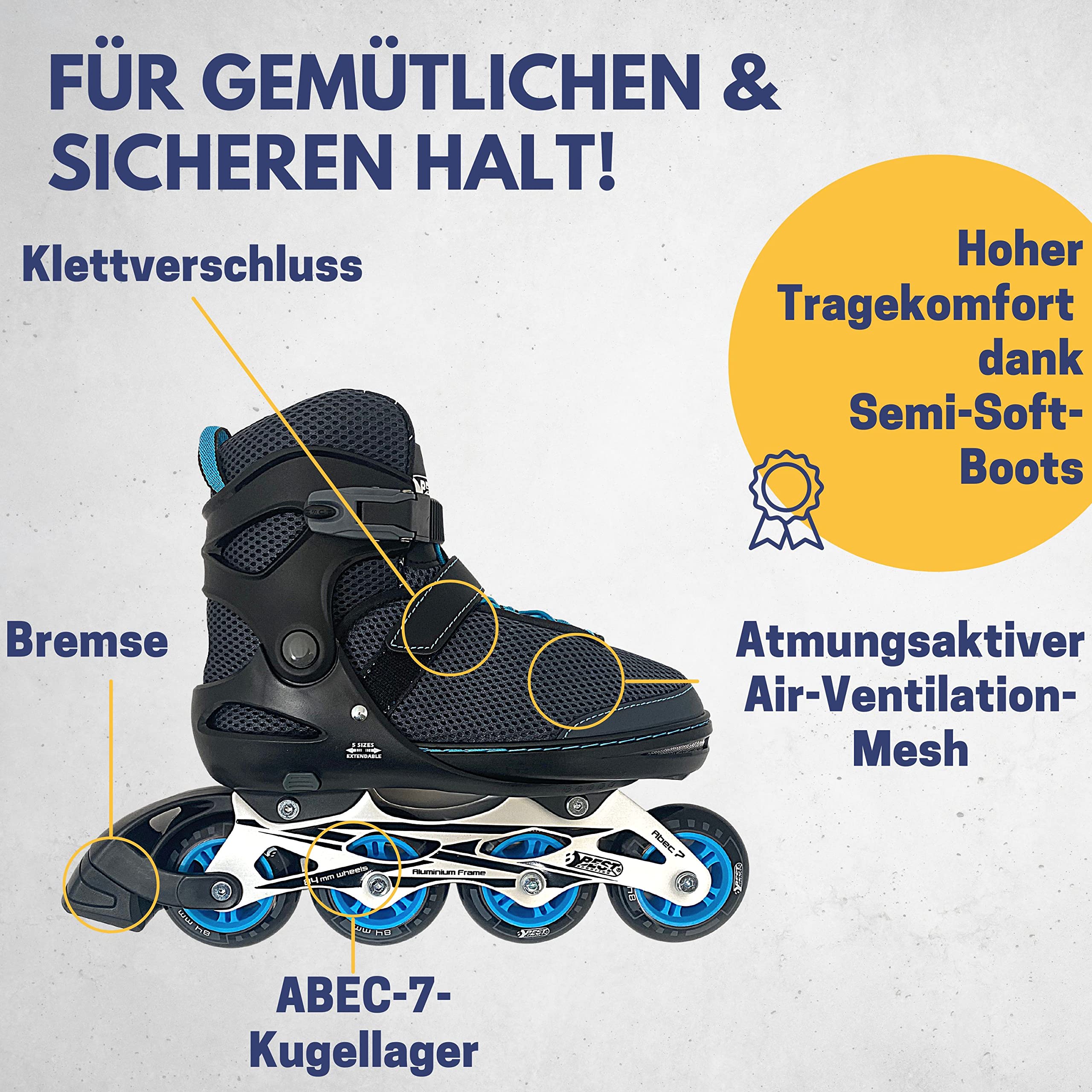 Best Sporting Rollers en ligne pour adultes et adolescents - Taille 37 à 41 I - Réglable en largeur jusqu'à 6 mm - Inliner robuste avec frein I bleu I Rollers Chaussures I Rollers avec 4 roulettes