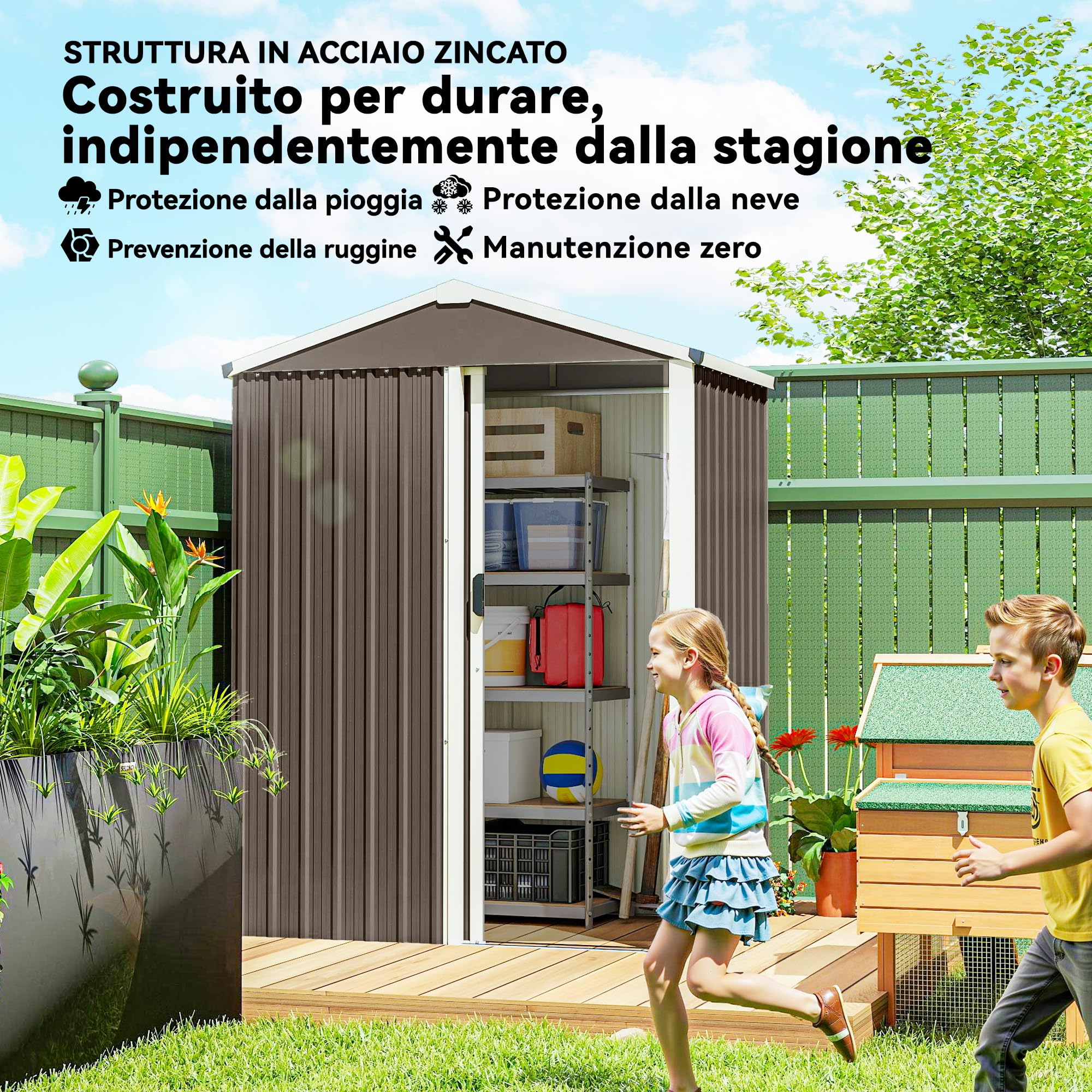 Outsunny Casetta da Giardino 1.1m² Acciaio Zincato 136x87x179 cm Marrone