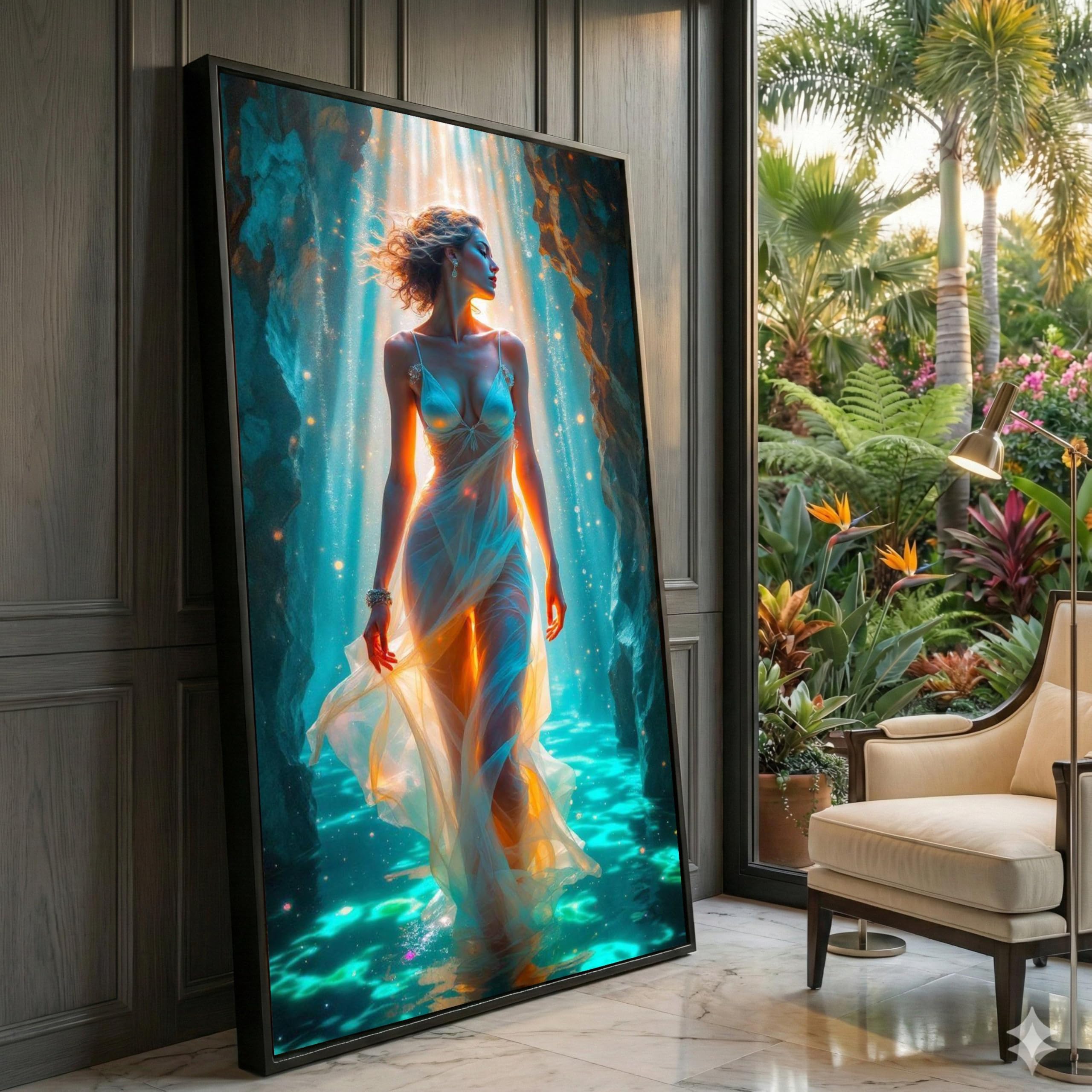 XINBAO Ethereal Woman in Flowing Dress, Illuminated Canvas, Magical Rays Wall Art, Mystical Female Portrait Canvas, Pictures(30x50cm/Frameless)