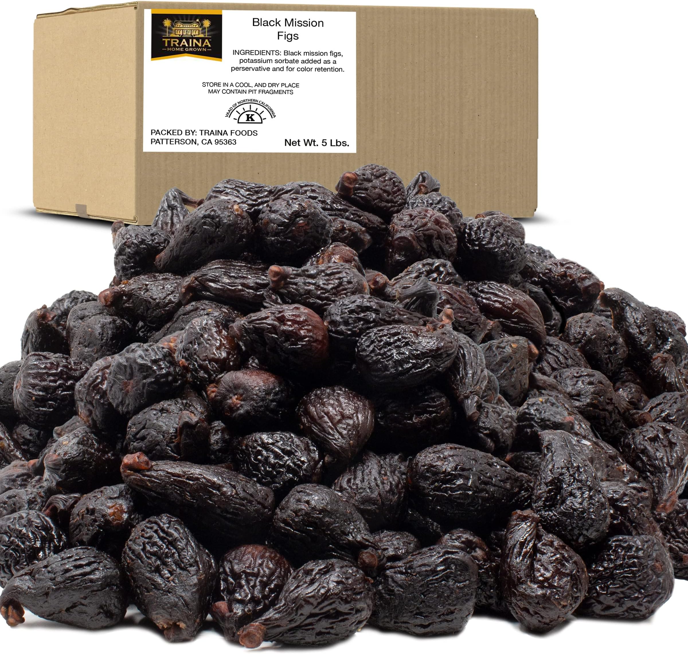 Traina Home Grown California Dried Whole Black Mission Figs - Healthy, No Added Sugar, Non GMO, Gluten Free, Kosher Certified, Vegan, Value Size (5 lbs)