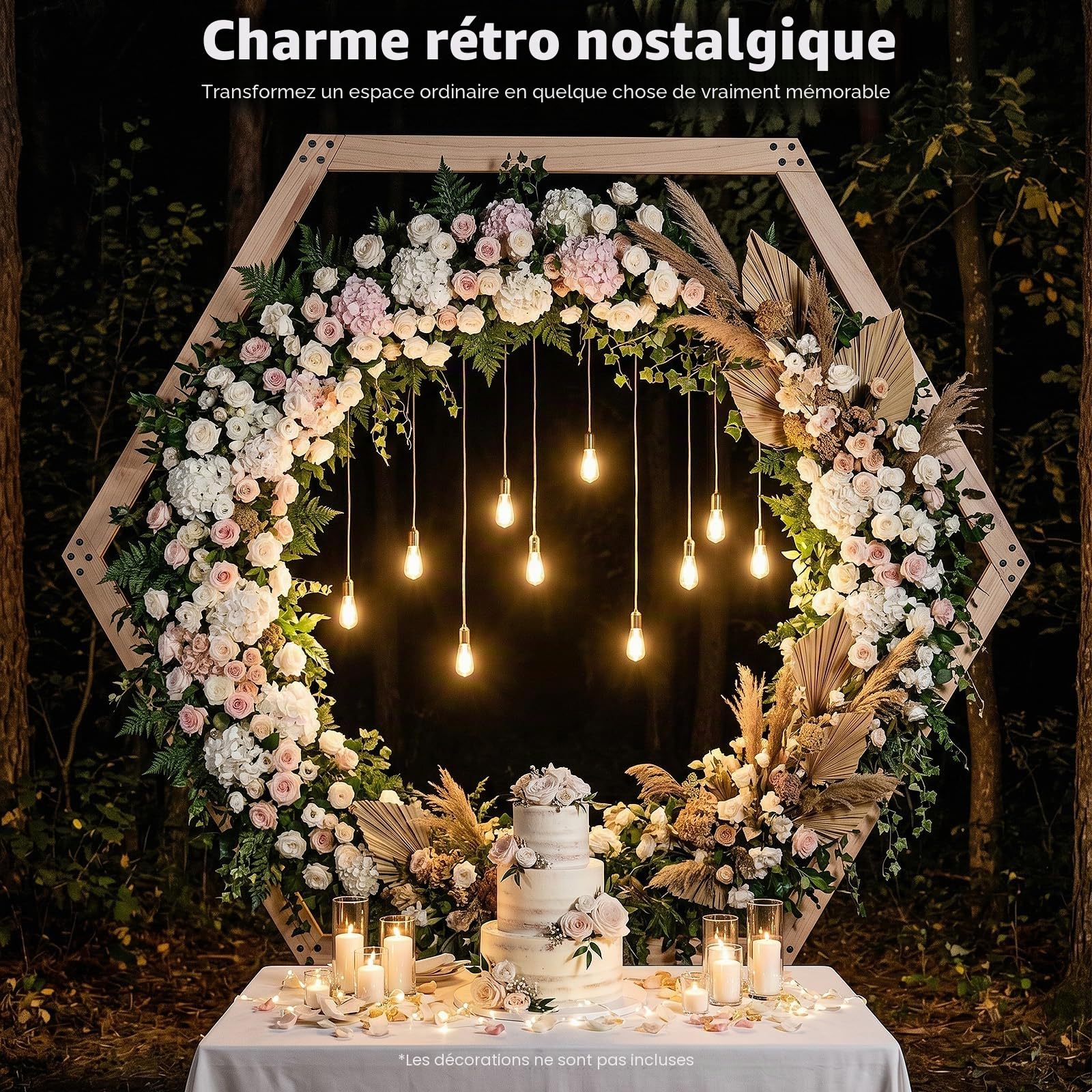 Arche de mariage - Cadre hexagonal - 2,33 m - Arche de mariage - Support en bois - Pour mariages, fêtes d'anniversaire, événements commerciaux, etc