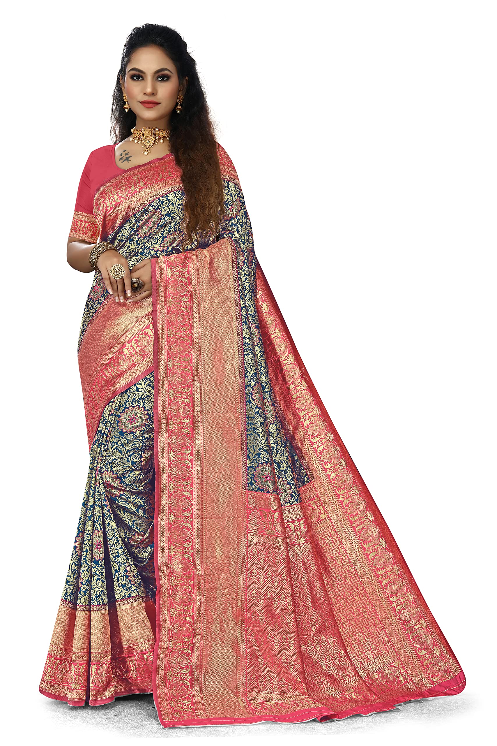 RIVANA Women's Banarasi Silk Saree With Un-stitched Blouse
