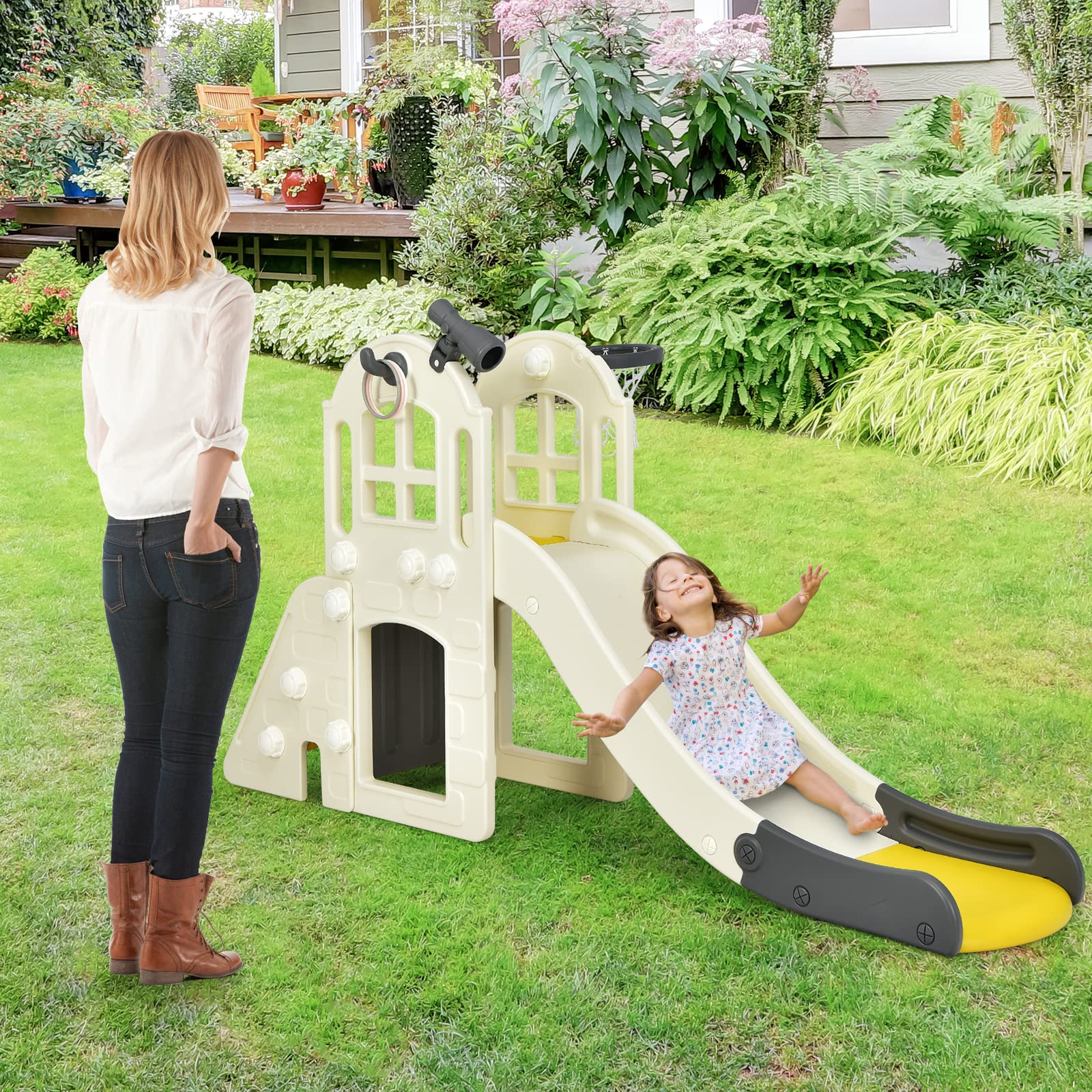 COSTWAY Kinder Rutsche, 6 in 1 Kinderrutsche & Leiter & Basketballkorb & Wurfring & Teleskop & Tunnel, Kinder Spielplatz, Rutsch Indoor Outdoor ab 3 Jahre alt (Gelb)