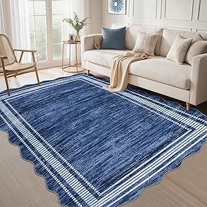 GarveeHome Scalloped 8x10 Rugs Washable Area Rugs for Living Room, Modern Bordered Solid Rug for Bedroom, Abstract Scalloped Non-Slip Stain Resistant Carpet for Dining Room Home Office Dorm,Blue