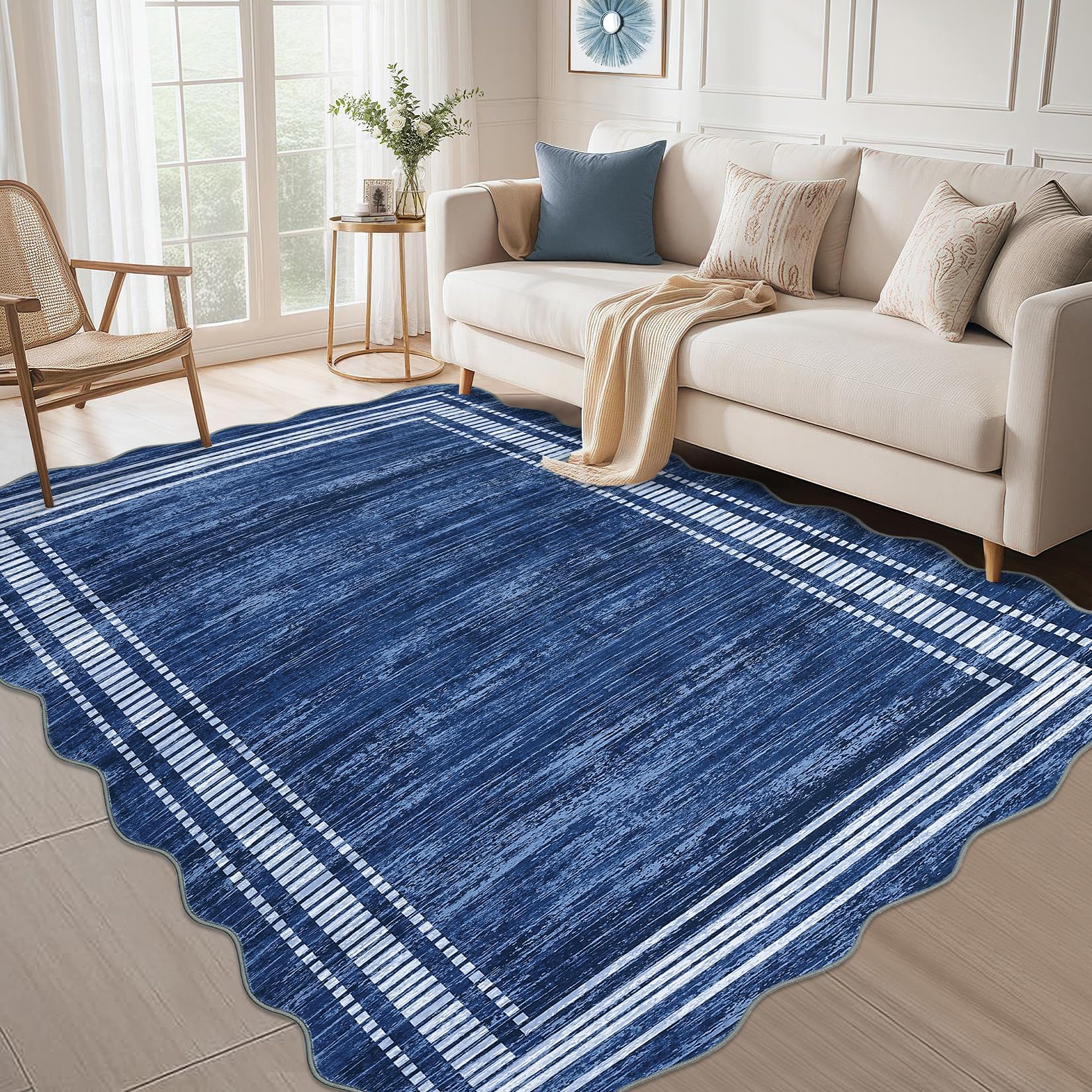 garvee scalloped modern abstract area rug 8x10 washable rug for living room, non-slip soft carpet for bedroom, scalloped low-pile solid print accent rug for dining room home office, navy blue