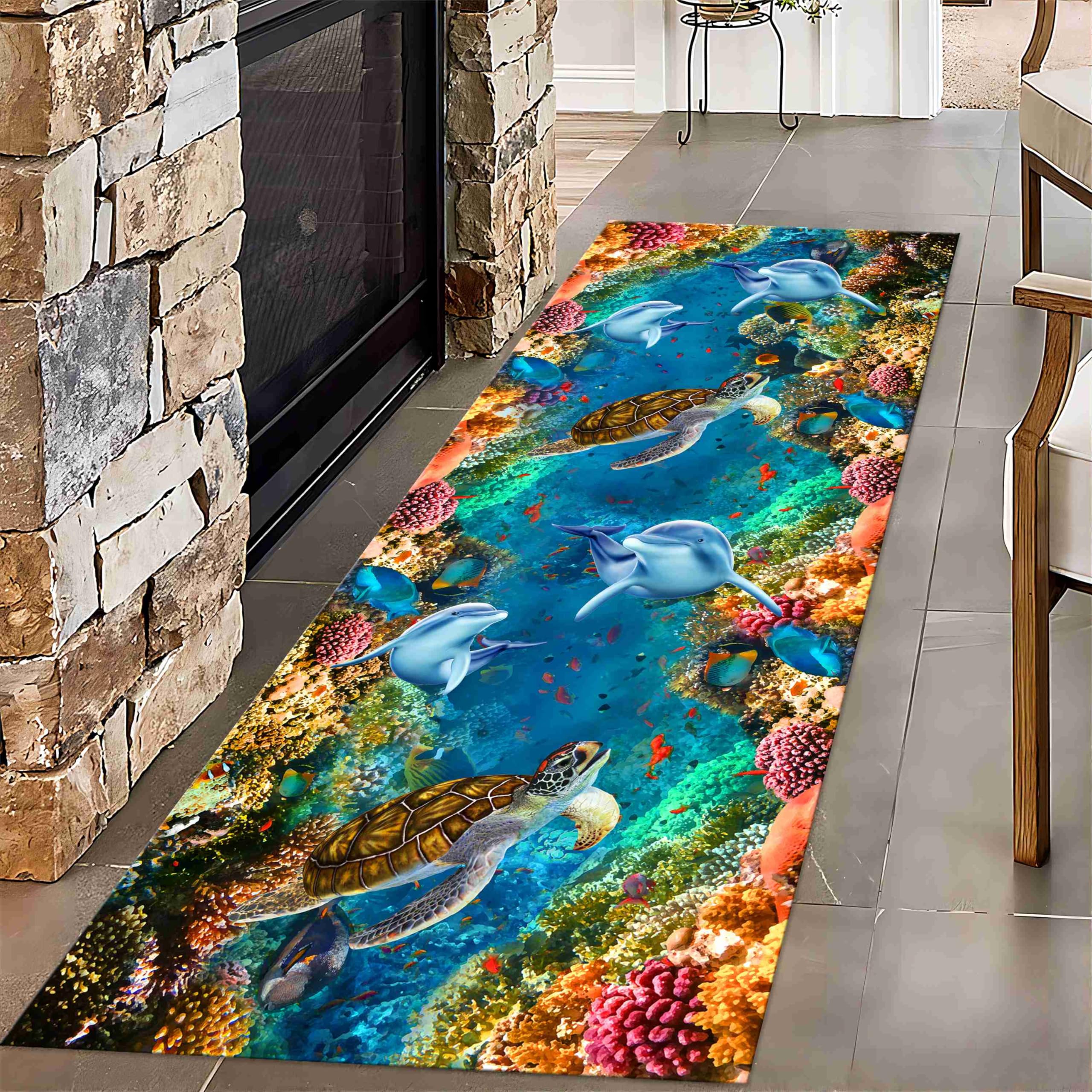 3D Optical Illusion Runner Rug, 2x10ft, Sea Dolphin Turtles Underwater World Coral 3D Landscape Hallway Rug, Machine Washable Rugs Carpet for Bathroom