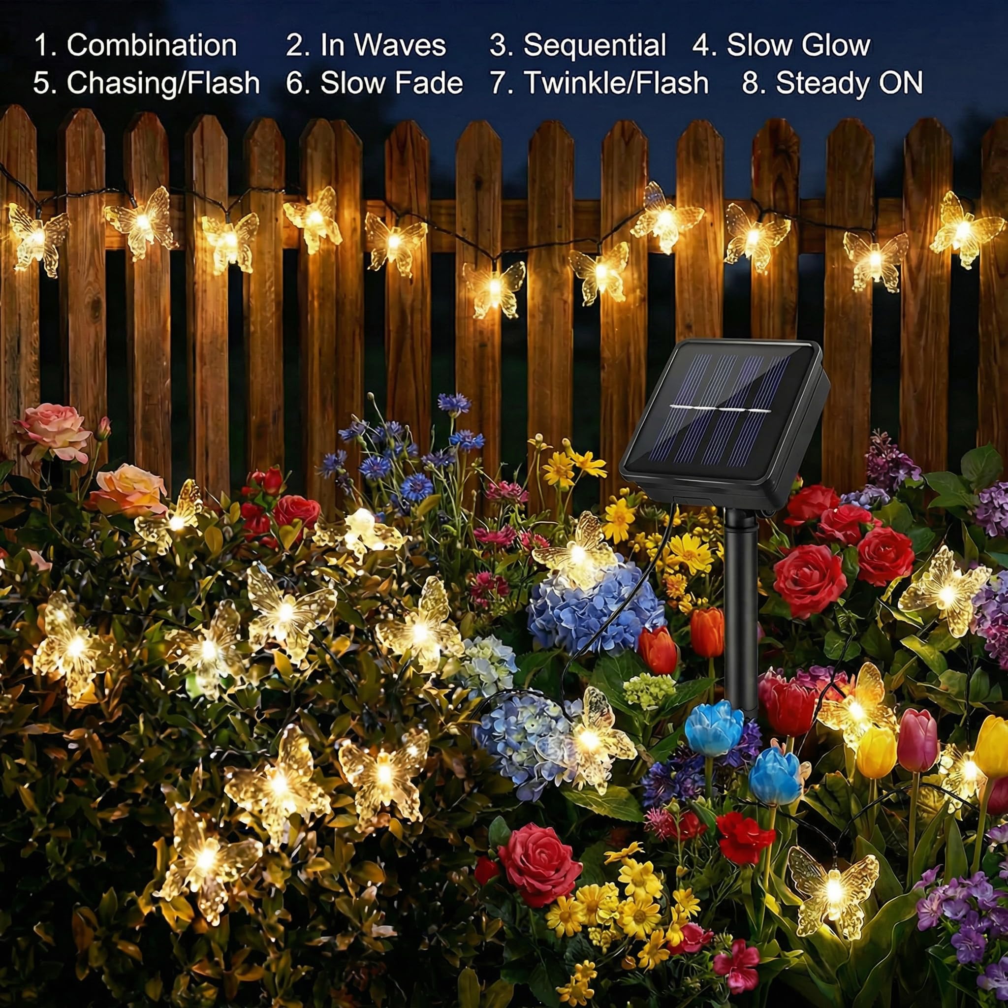 Guirlande Lumineuse Solaire Extérieure Papillon, 8M 40 LED avec Câble de 2M, 8 Modes, Étanche IP67 pour Jardin, Balcon, Terrasse, Arbre, Fête - 3