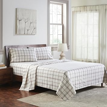 Superior Plaid Flannel Cotton Sheet Set, Fuzzy Warm Sheets, Rustic Classic Farmhouse Bedding, Basics, Includes; 1 Flat Sheet, 1 Elastic Deep Pocket Fitted Sheet, 1 Pillowcase, Twin, Beige