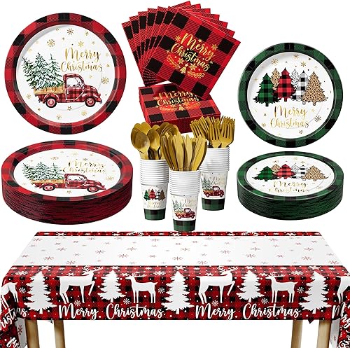 Decoraciones de fiesta de Navidad 247 piezas de suministros de fiesta de cumpleaños de Navidad (25 invitados) con plato de papel a cuadros de