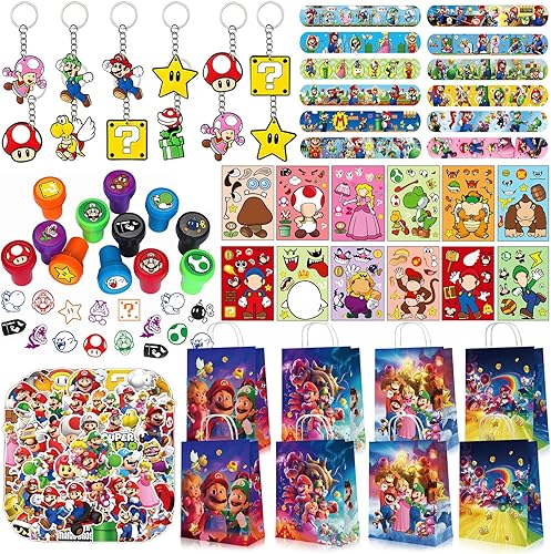 Recuerdos de fiesta de dibujos animados, 110 piezas de suministros de fiesta de Game Bro, bolsas de fiesta, sellos, pulseras de palmada, llaveros,