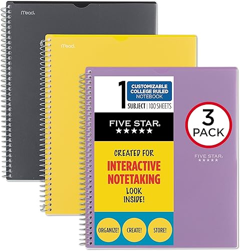 Five Star Cuadernos interactivos en espiral para tomar notas, paquete de 3, 1 materia, papel rayado universitario, 11 x 8-12 pulgadas, 100 hojas,