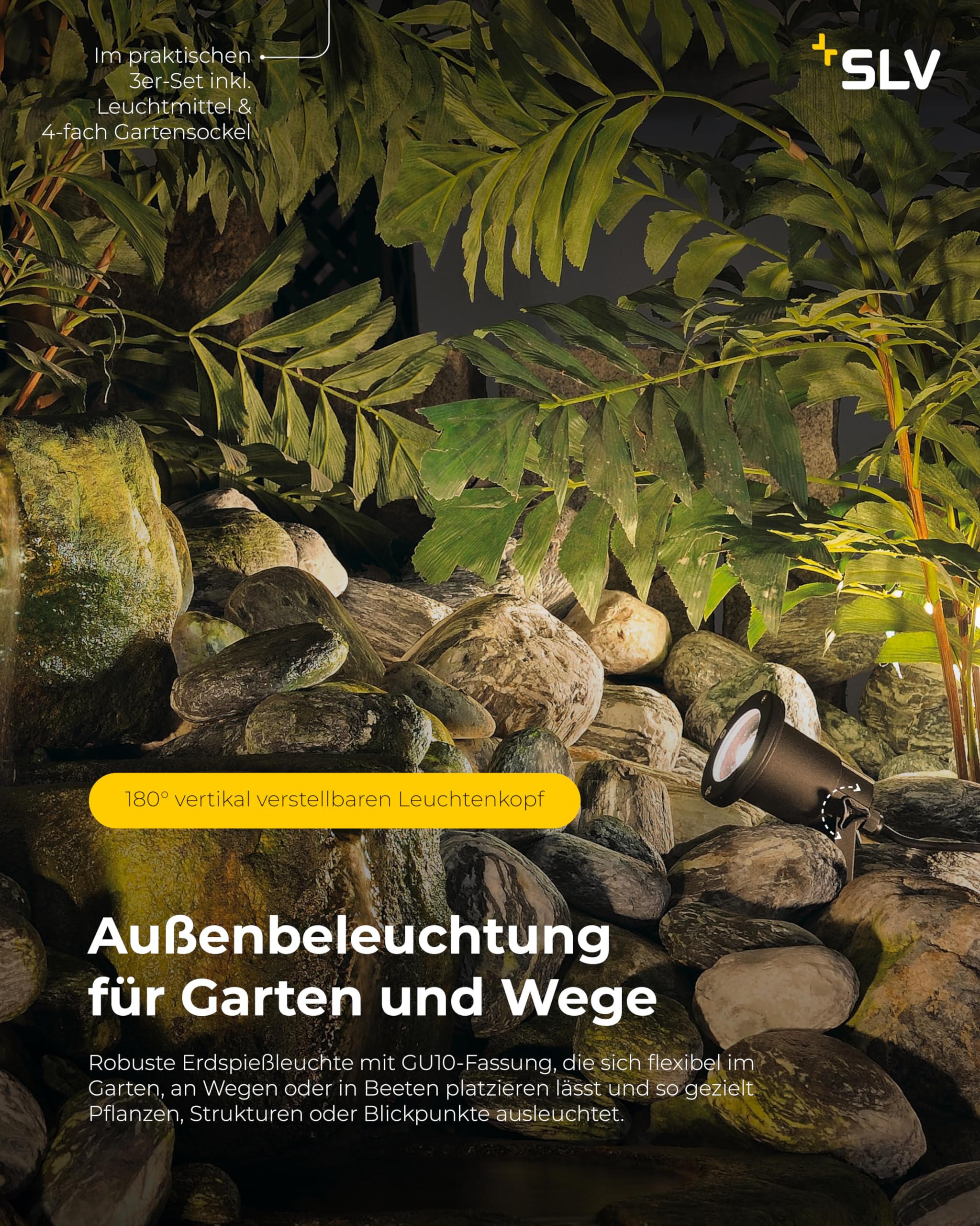 SLV NAUTILUS XL Erdspießleuchte – Außenleuchte für Garten, Terrasse, Wege & Teich | GU10, IP65, 11 W, mit Erdspieß & Stecker | 3er-Set | Schwarz