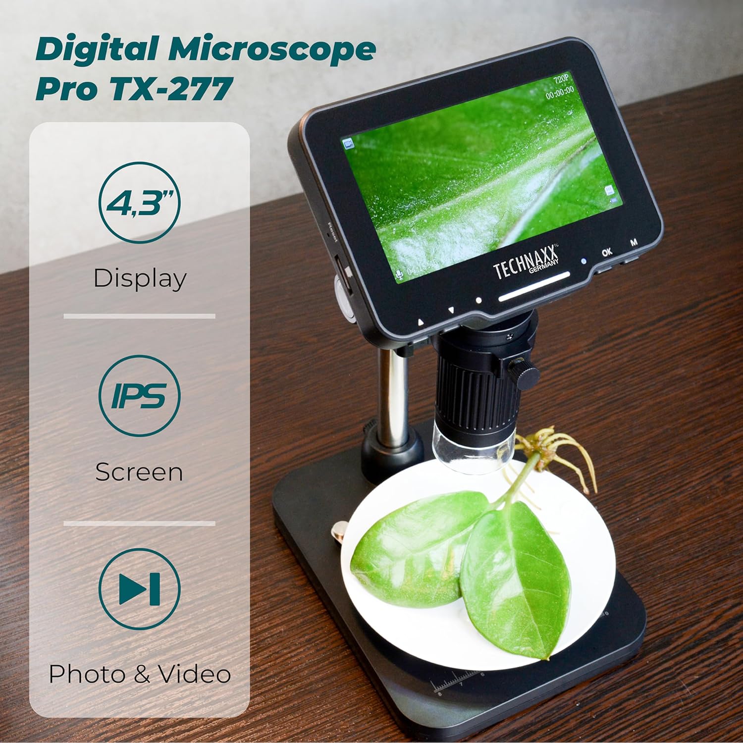 Technaxx Digital Microscope Pro TX-277-50x Magnification, Electronic Microscope, 4.3'' IPS Display, Adjustable Angle & Holder, 8 LED Illumination, Photo/Video Capture, MicroSD & PC Connectivity