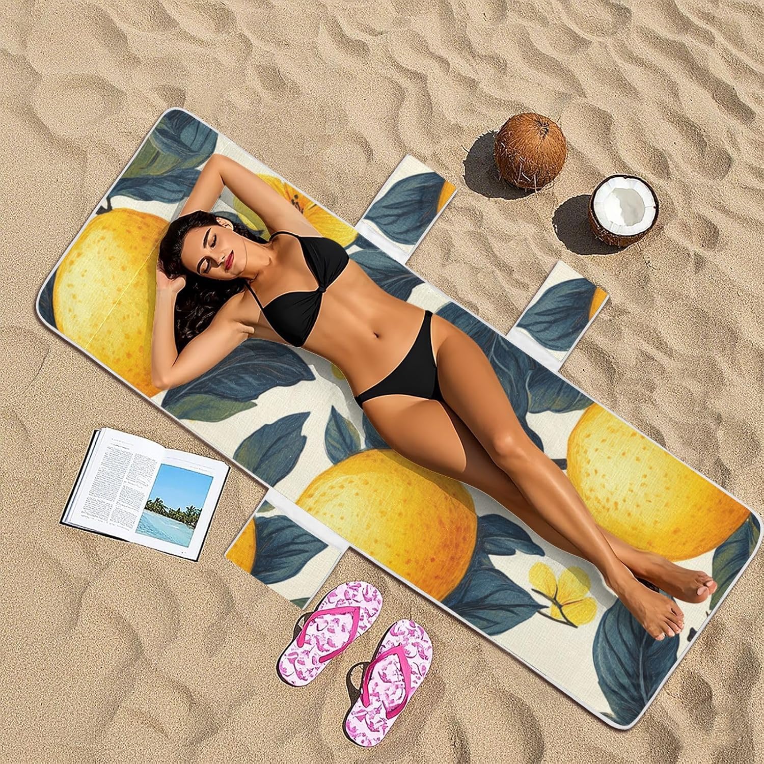 Yellow fruit and Green Leaves Patio Lounge Chair Cover Soft Absorbent Outdoor Chaise Lounge Cover with Windproof Straps for Outdoor Pool Beach Sunbathing, 85" X 30"