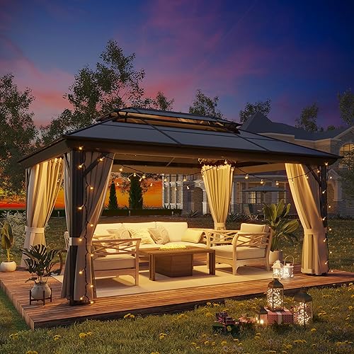 Glorieta de policarbonato con techo rígido de 12 x 16 pies, con marco de aluminio, con malla y cortinas, para jardín, patio, terraza y césped