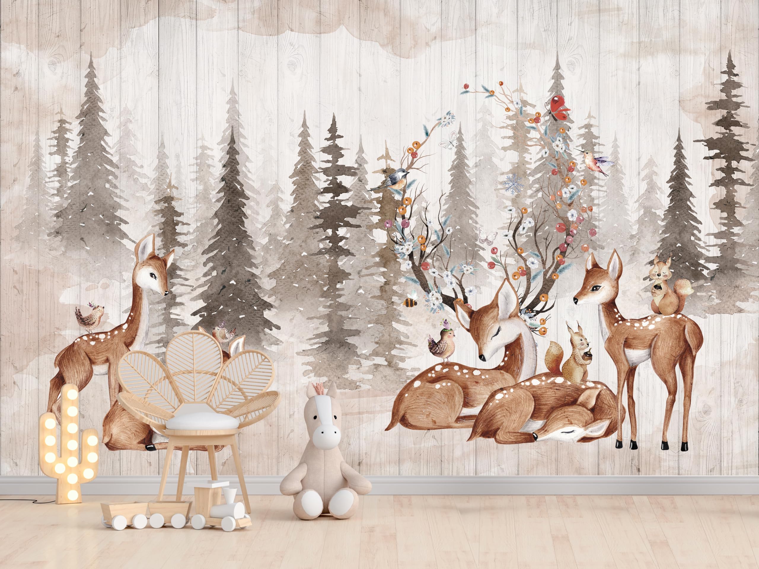 Papel pintado panorámico selva del ciervo sika, tema bosque y animales para sala de estar, dormitorio infantil, decoración de pared, paisaje natural moderno (400 x 280 cm)