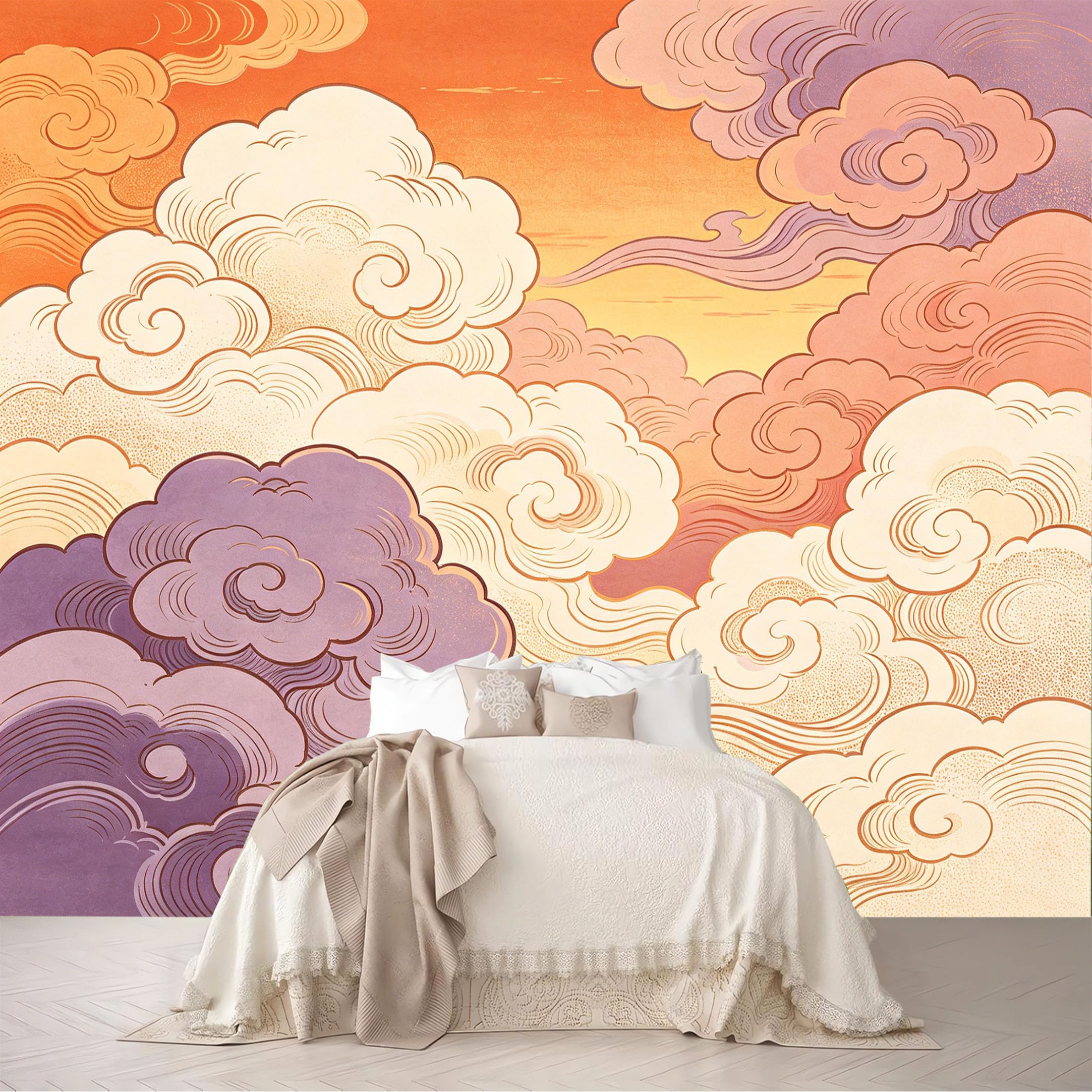 Dskjoviality Ab260706110 Custom Size Wall Murals Pastel Swirl Cloud Sunset Oriental Print Removable Self-Adhesive For Bedroom Living Room Dining Room