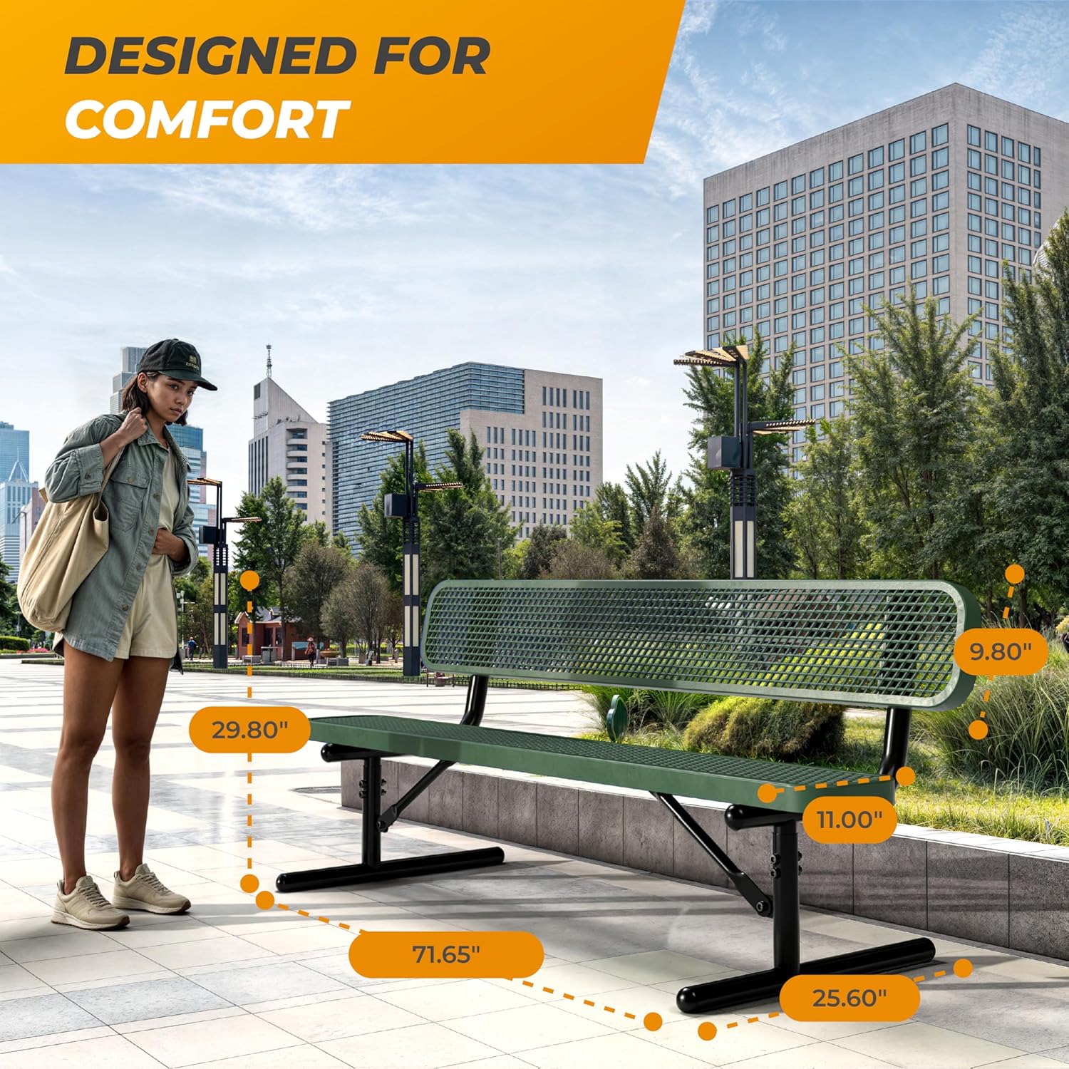 Heavy-Duty Outdoor Metal Bench, Thermoplastic-Coated, Portable, Weatherproof, Commercial-Grade for Parks, Gardens, Patios, Stores & More (6 Ft - Portable with Back, Green)