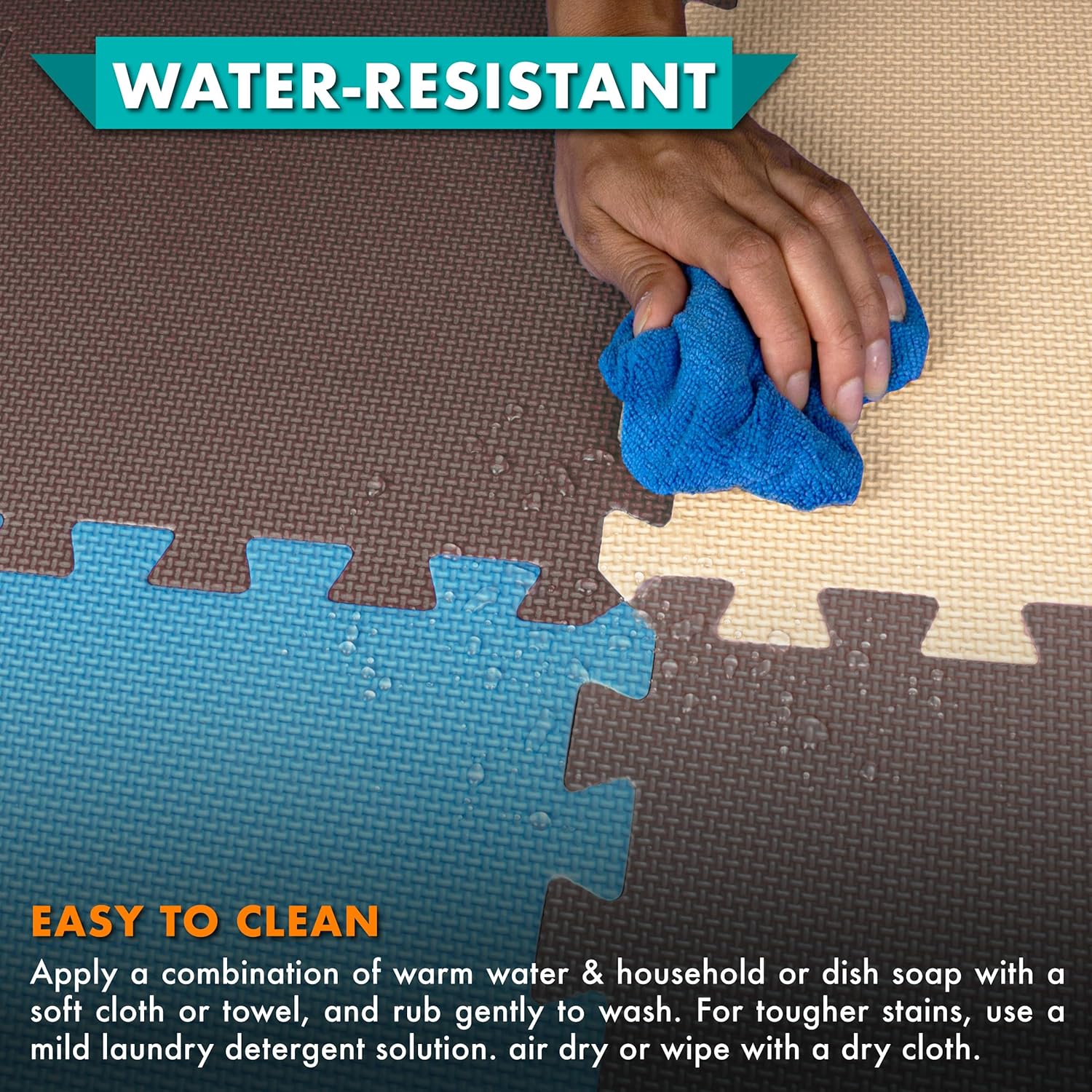 ProSource Foam Puzzle Floor Play Mat for Kids and Babies with Solid Colors, 36 or 16 Interlocking Tiles with Borders, Blue/Brown/Beige