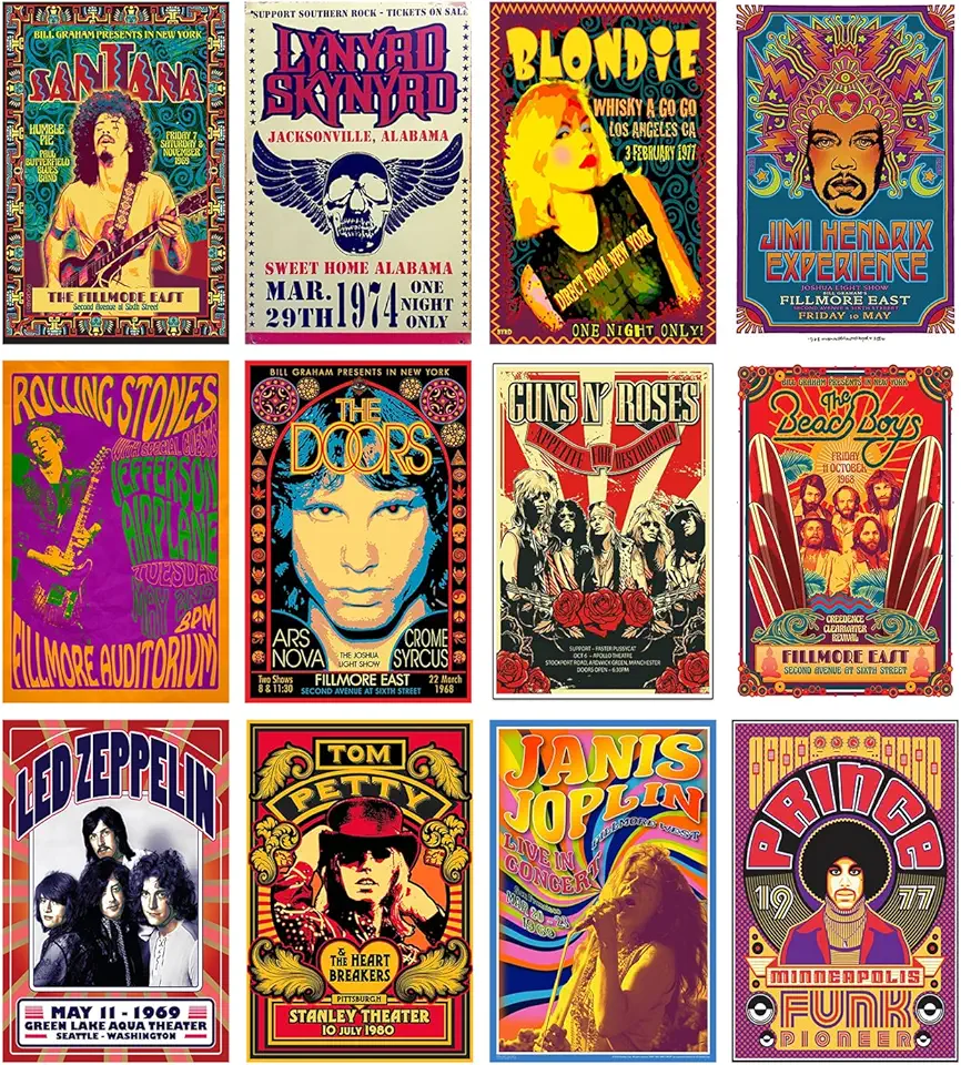 Woonkit Vintage Rock Band Posters for Room Aesthetic, 70s 80s 90s Retro Music Bedroom Decor Wall Art, Concert Poster Wall Collage, Old Music Album Cover Prints (12 SET A, 7.8X11.8 INCH)