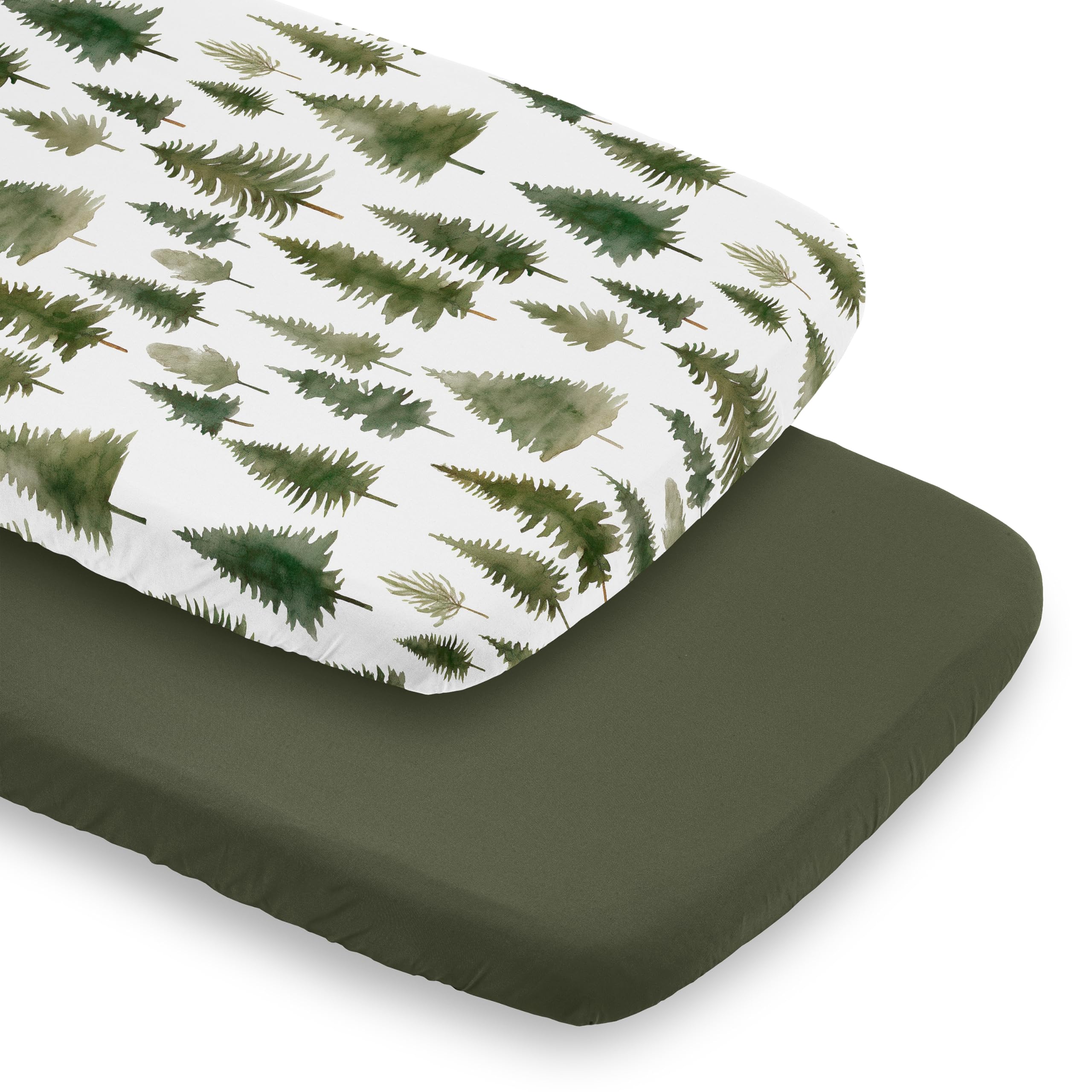 Sweet Jojo Designs 2-Piece Baby Bassinet Sheets Set (Sage Green Woodland) for Girls/Boys, Infant Newborn Nursery, Oval, Rectangle &amp; Hourglass Mattress (Solid Hunter &amp; Forest Themed, Nature, Pine Tree)