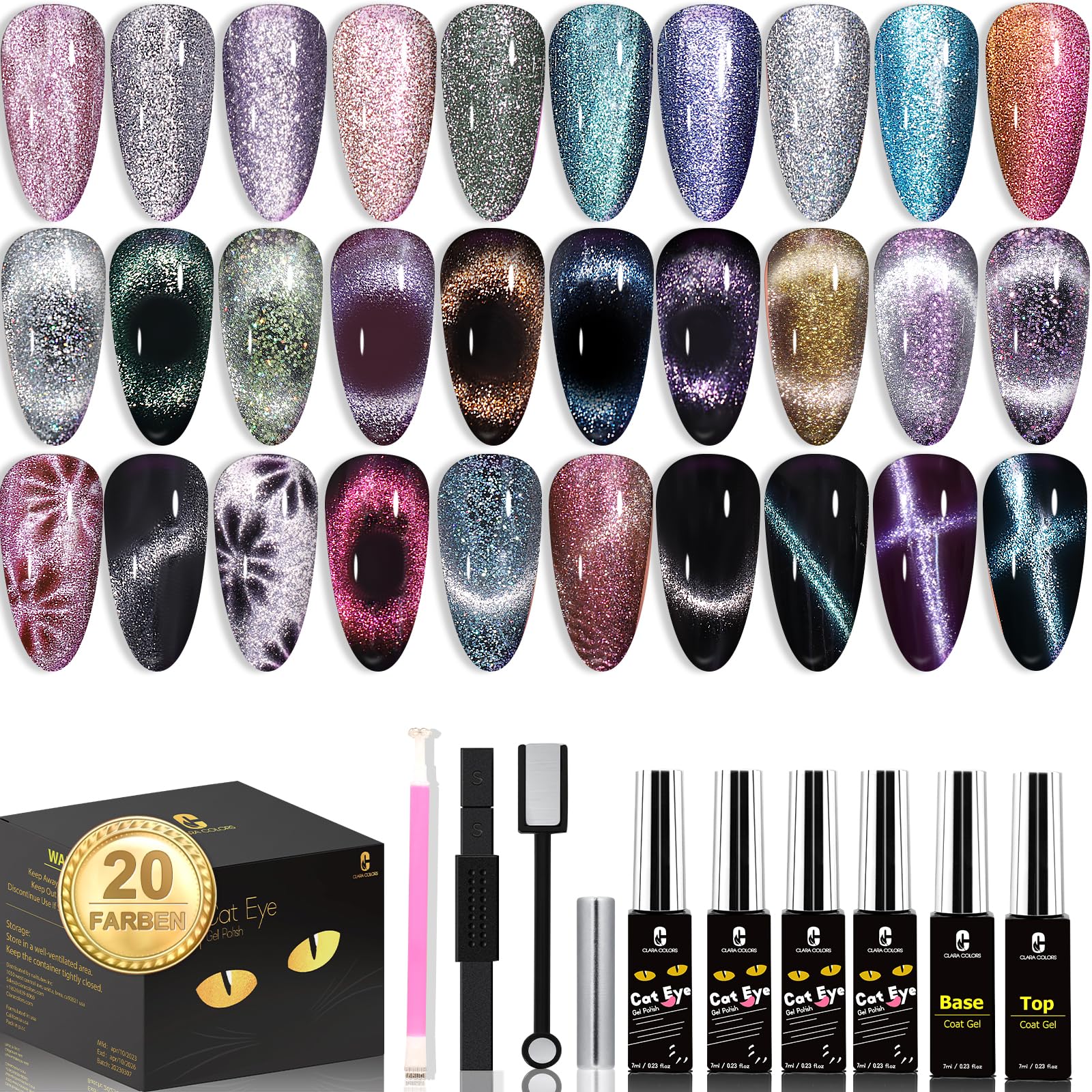 Clara Colors Cat Eye Gel Nail Polish Set 20 Colors Magnetic Nail