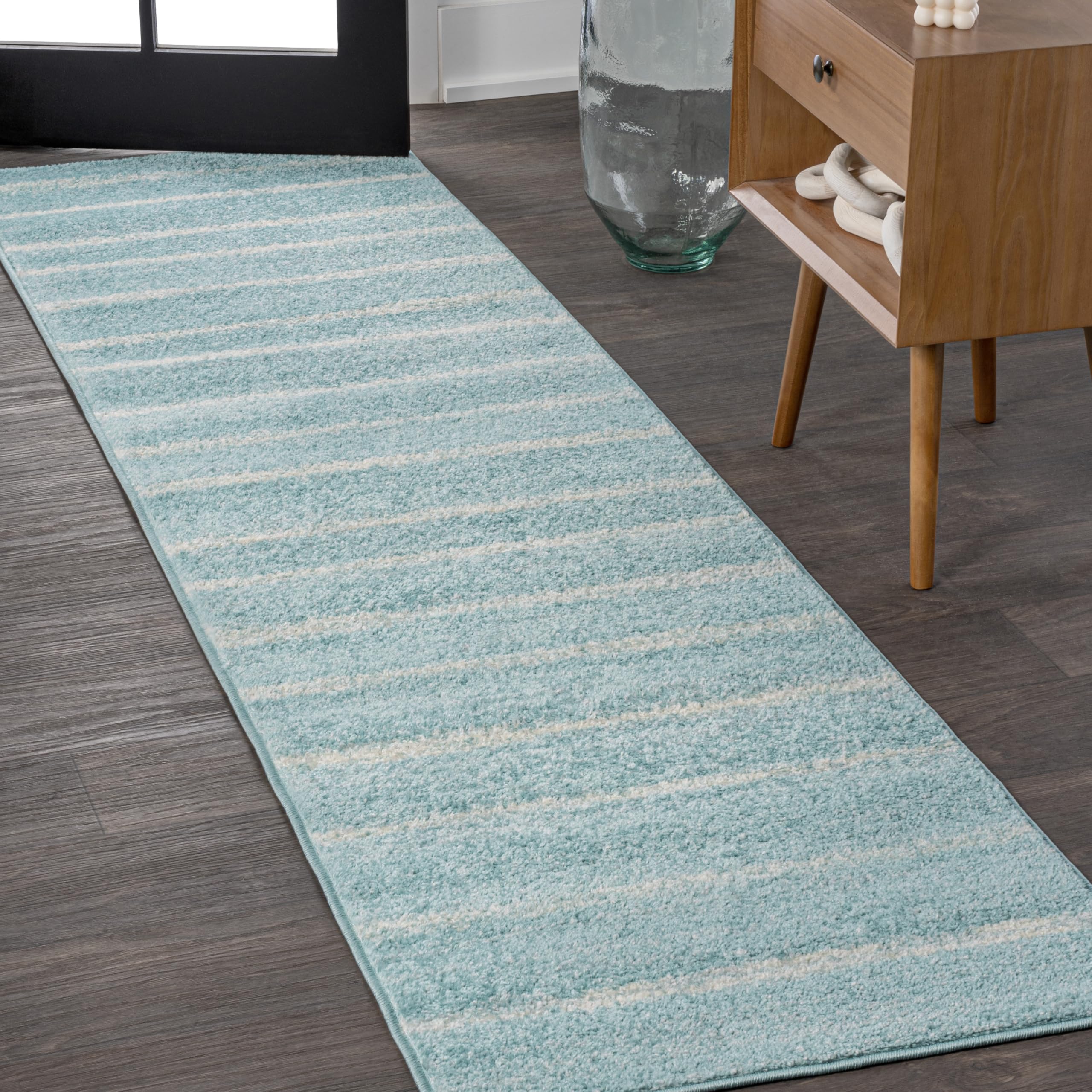 JONATHAN Y Williamsburg Minimalist Stripe Turquoise/Cream Runner Rug, 2x8, Contemporary, Modern, Easy-Cleaning for Living Room, Bedroom, Kitchen, Pet