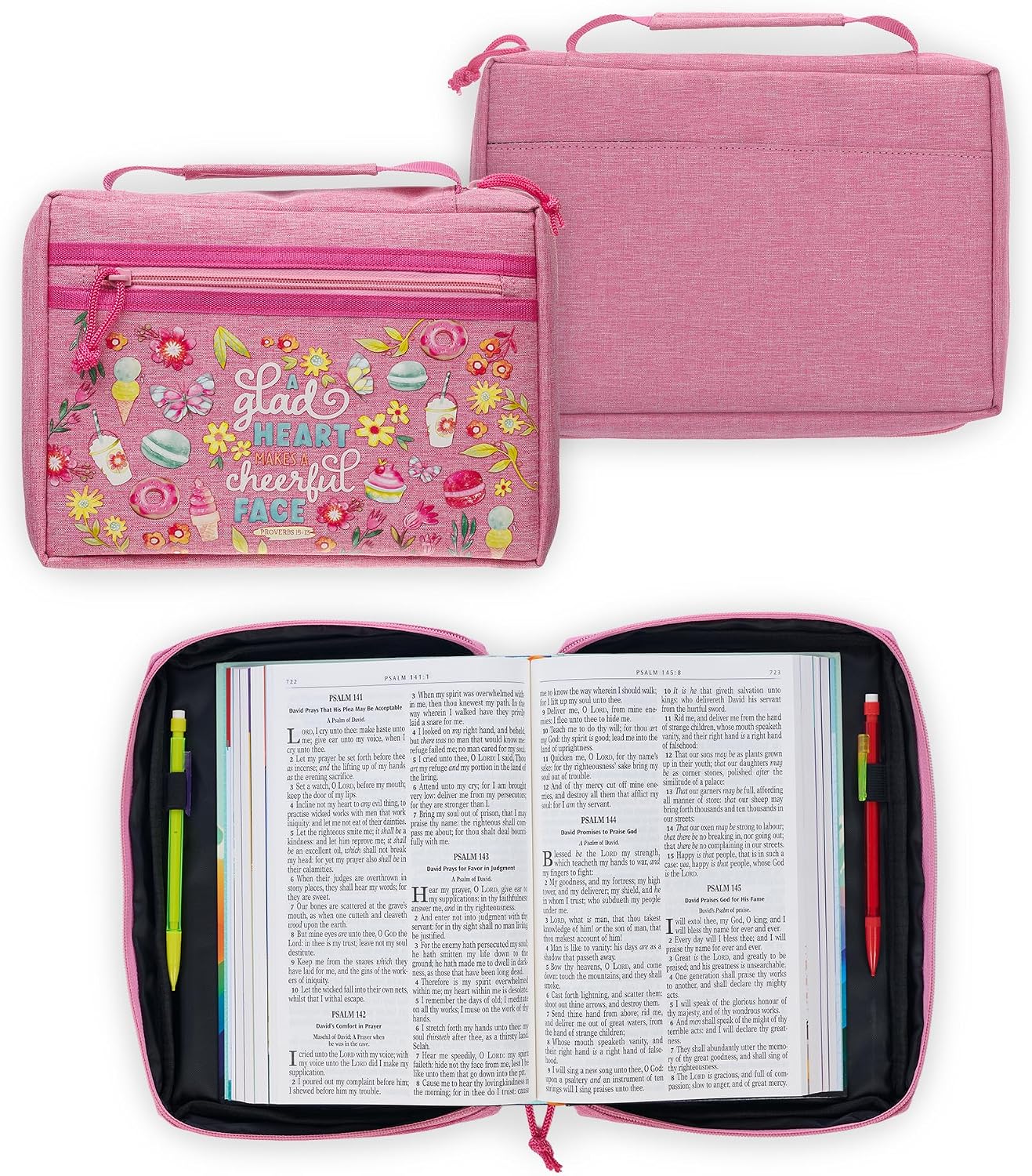 Christian Art Gifts Premium Fashion Polyester Bible Cover for Girls: A Glad Heart Makes A Cheerful Face Inspirational Proverb Easy Carry Case, Pink, Medium