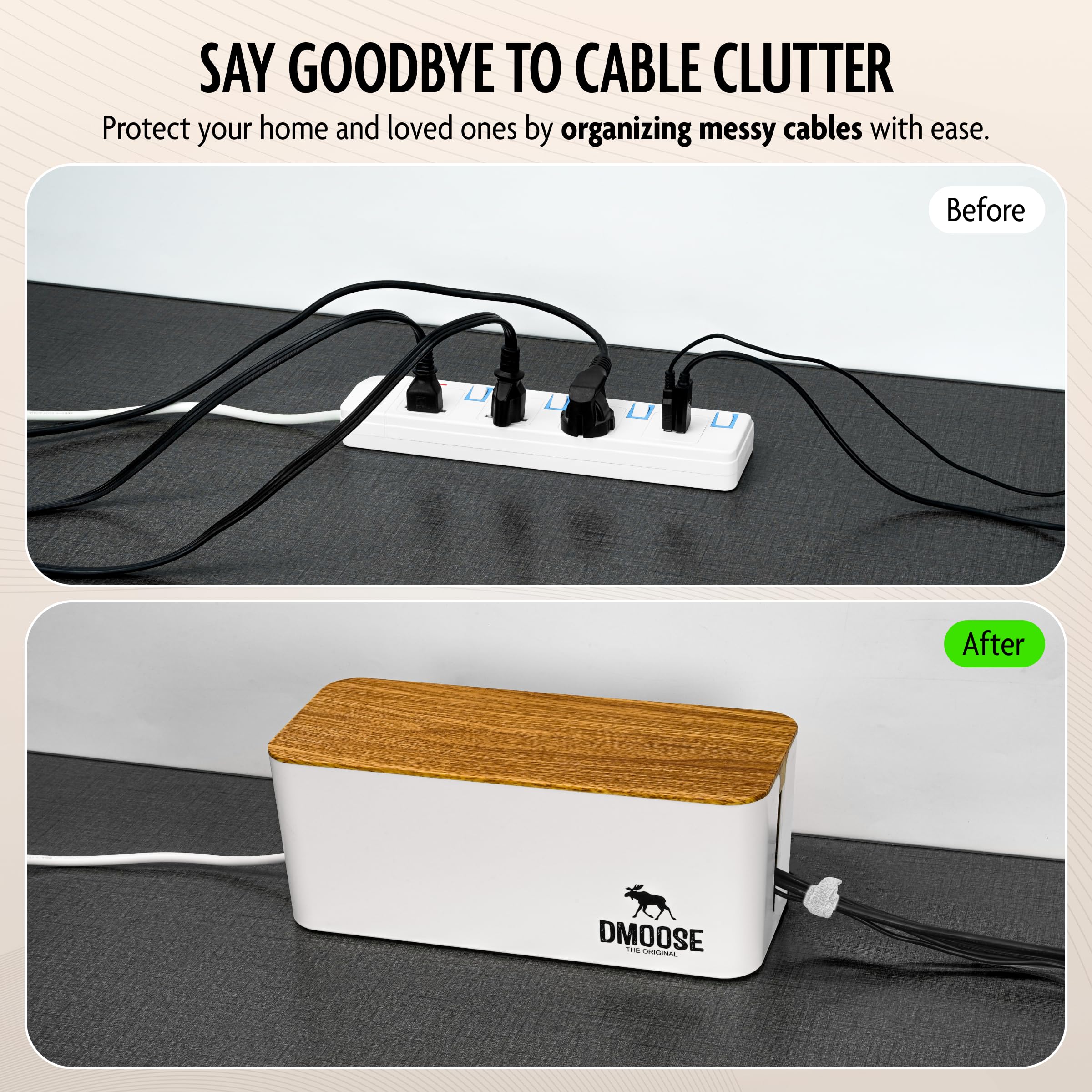 DMoose Cable Management Box - 2 Pack Medium & Large Cord Organizer for Desk & Floor, Cable Organizer Box for Child & Pet - Cable Box Hider for Tidy Office & Home (Wood Print Lid, White Box, Pack of 2) - Image 2