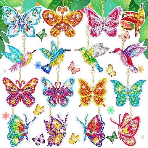 Miniatura 1 de WILLBOND Juego de 16 llaveros de diamante de mariposa de doble cara, llavero de arte de diamante a granel, adorno de diamante de colibrí, diamante