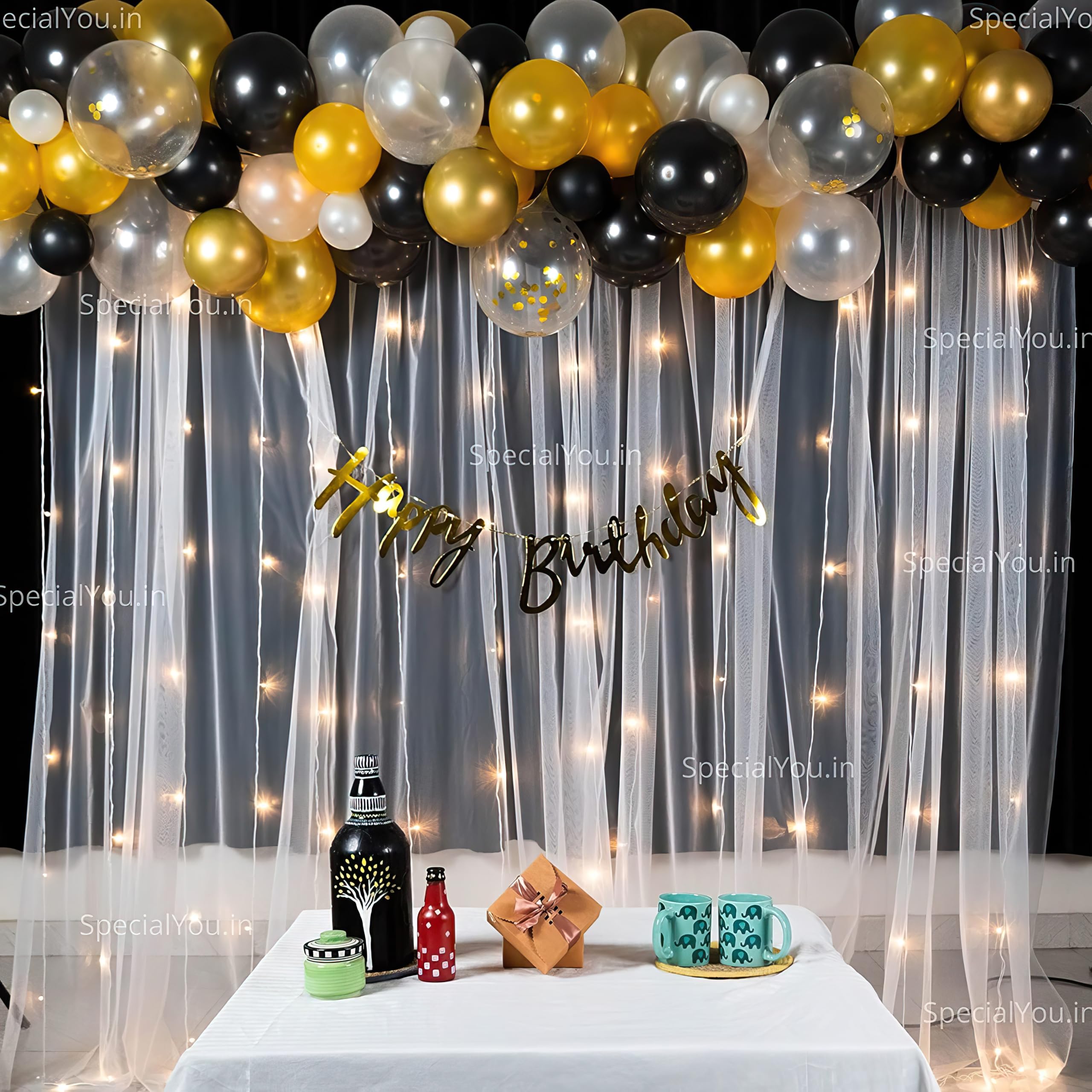 SpecialYou Happy Birthday Decoration kit for Boys with Gold, Black & White Balloons for decor, White curtains & Light(40ft), Birthday Decoration Items for husband, balloon decorations kit- 71 Pcs