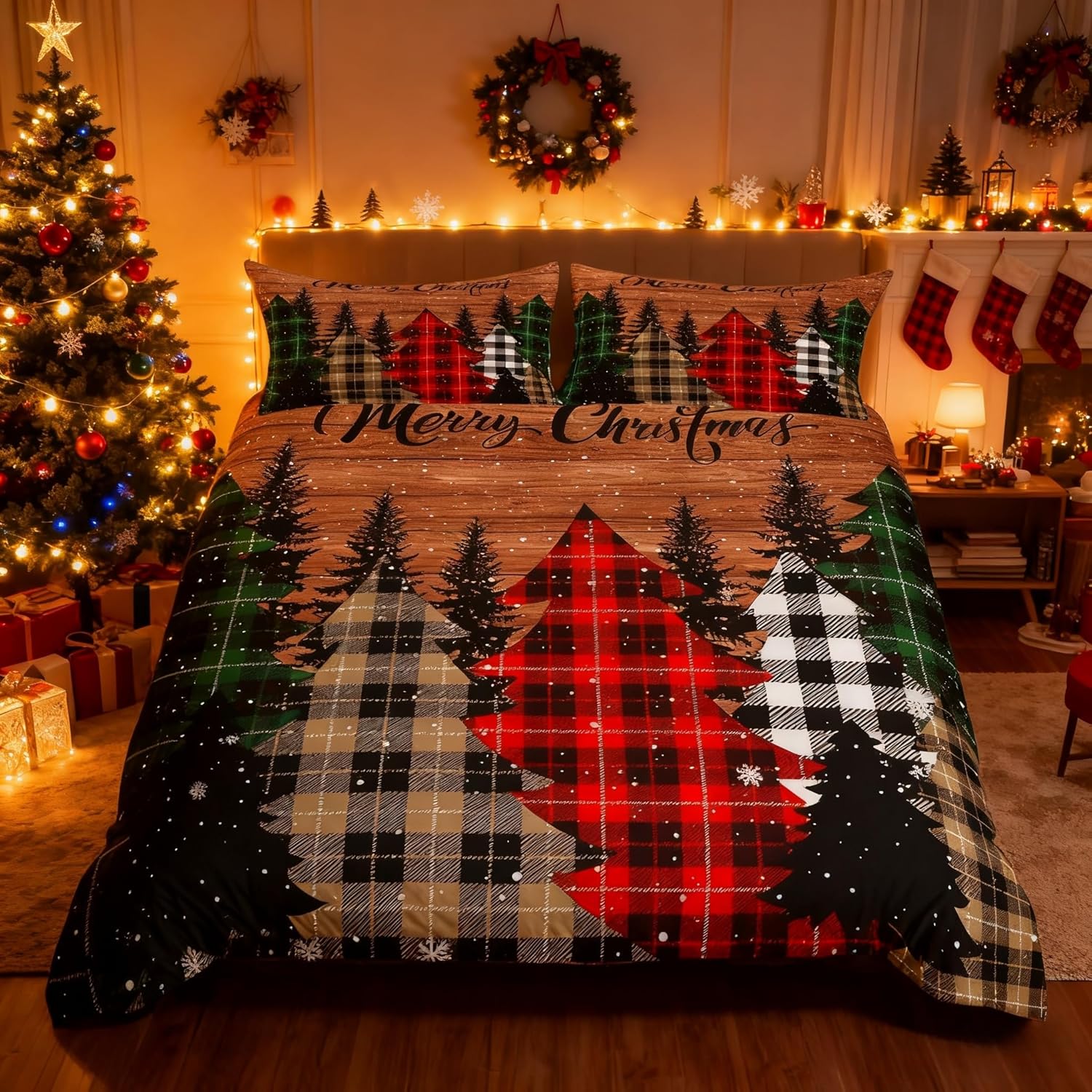 Kids Merry Christmas Duvet Cover Set Queen Size,Geometric Grid Pine Snowflake Bedding,Girls Boys Adults Bedroom/Xmas Decor,Brown Plank Comforter Cover,Rustic Vintage Quilt Cover,3pcs,2 Pillowcases