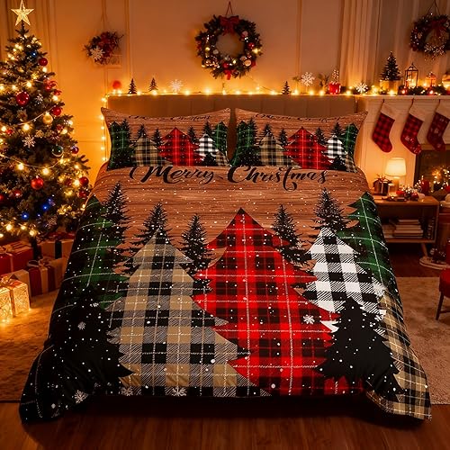 Miniatura 4 de Juego de funda de edredón de Navidad para niños, tamaño King, juego de ropa de cama de copos de nieve de pino con cuadrícula geométrica, decoración